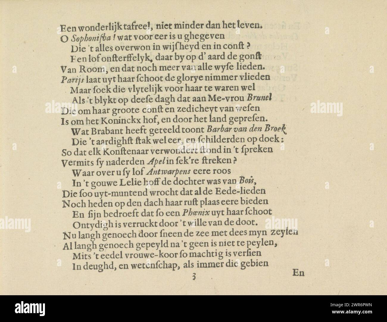 Niederländisches Gedicht über die Nymphen der Amstel, Seite 10, AEN de Nimphies vanden Amstel, Les vrais pourtraits de quelques unes des plus grandes dames de la chrestiente desguisees en bergeres. (Reihentitel), niederländisches Gedicht über die Nymphen der Amstel auf elf Seiten: Seite 10. Crispijn van de Passe (II), Herausgeber: Crispijn van de Passe (II), Joost Broersz, Amsterdam, 1640, Paper, Buchdruck, Höhe 140 mm x Breite ca. 190 mm, Textbogen Stockfoto