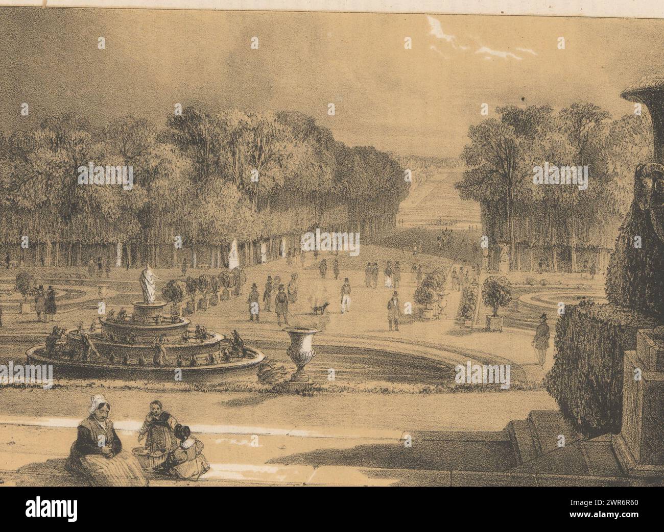 Latona-Teich in den Gärten von Versailles, Vue des Bains de Latone et du tapis vert (Titel auf dem Objekt), Druckerei: Ernest Jaime, Druckerei: Adolphe Jean Baptiste Bayot, nach Foto von: Anonym, Paris, 1839 - in oder vor 1840, Papier, Höhe 210 mm x Breite 260 mm, Druck Stockfoto