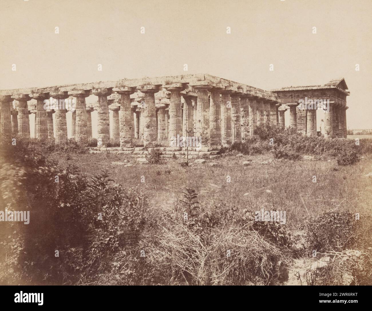 Tempel von Juno in Paestum, Paesto. Tempio di Nettuno è Basilika (Titel auf Objekt), es wurde lange fälschlicherweise angenommen, dass der vordere Tempel eine Basilika war und dass der hintere Tempel der Tempel des Neptun war., Anonym, Paestum, 1851 - 1900, Papier, Albumendruck, Höhe 194 mm x Breite 251 mm, Höhe 250 mm x Breite 325 mm, Foto Stockfoto