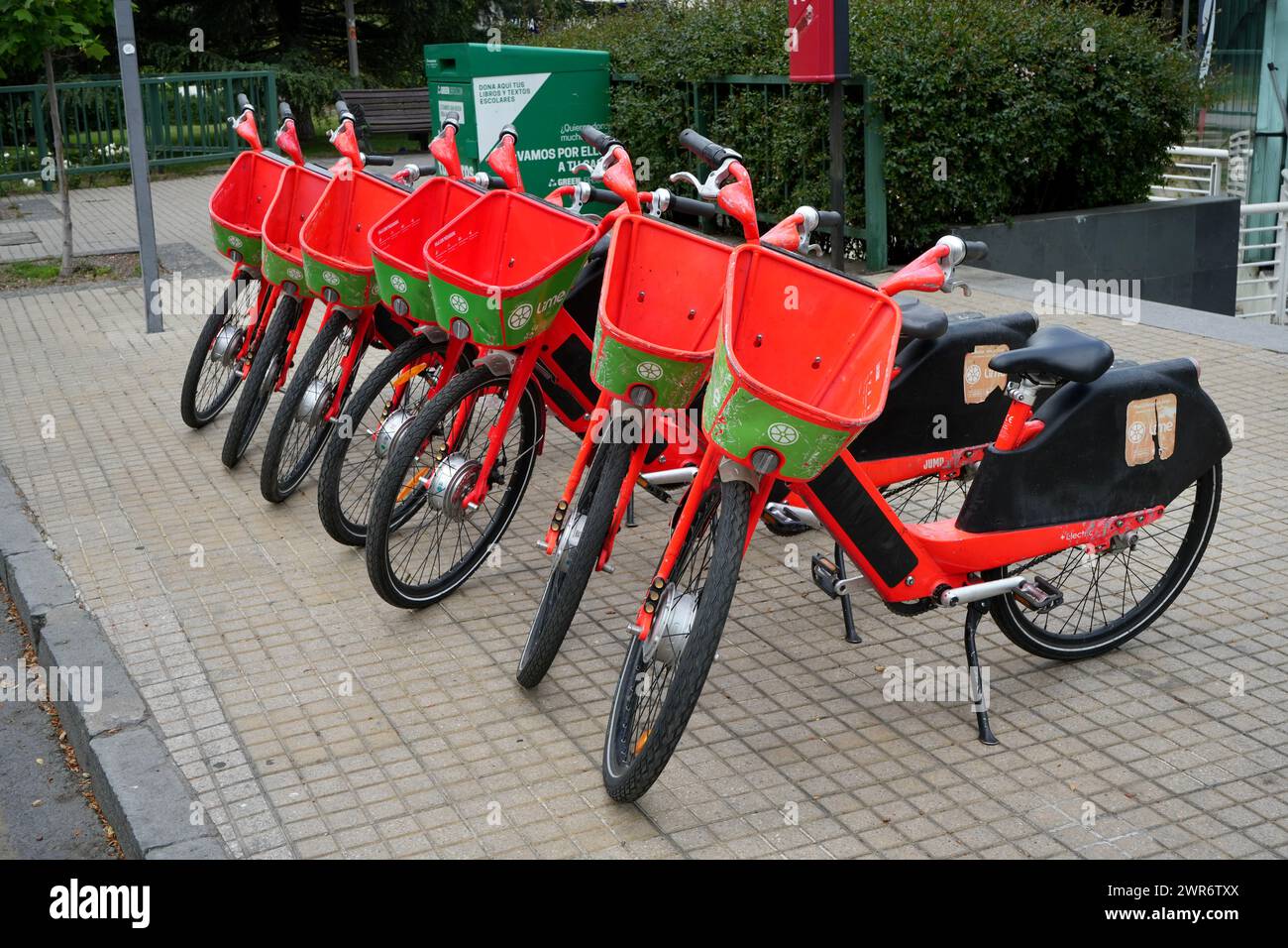 Limettenräder in einer Reihe auf der Straße. Elektrofahrräder können gemietet werden. Stockfoto