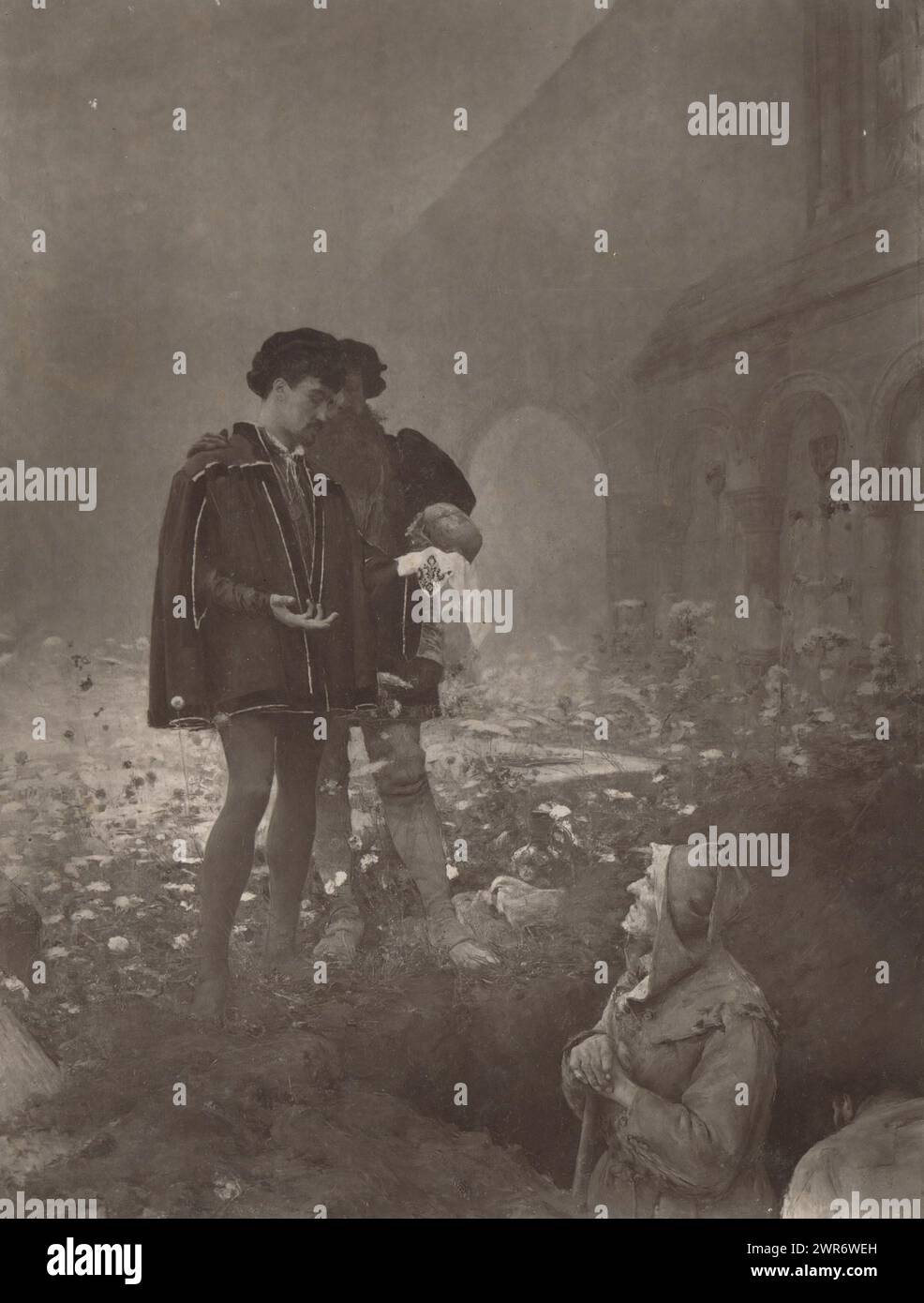 Reproduktion eines Gemäldes von Hamlet und den Totengräbern von Pascal-Adolphe-Jean Dagnan-Bouveret, Hamlet et les Fossoyeurs (Titel über Objekt), anonym, Lemercier (fotograaf), (möglicherweise), nach Malerei von Pascal-Adolphe-Jean Dagnan-Bouveret, Paris, 1879 - in oder vor 1884, Papier, Höhe 255 mm x Breite 192 mm, fotomechanischer Druck Stockfoto