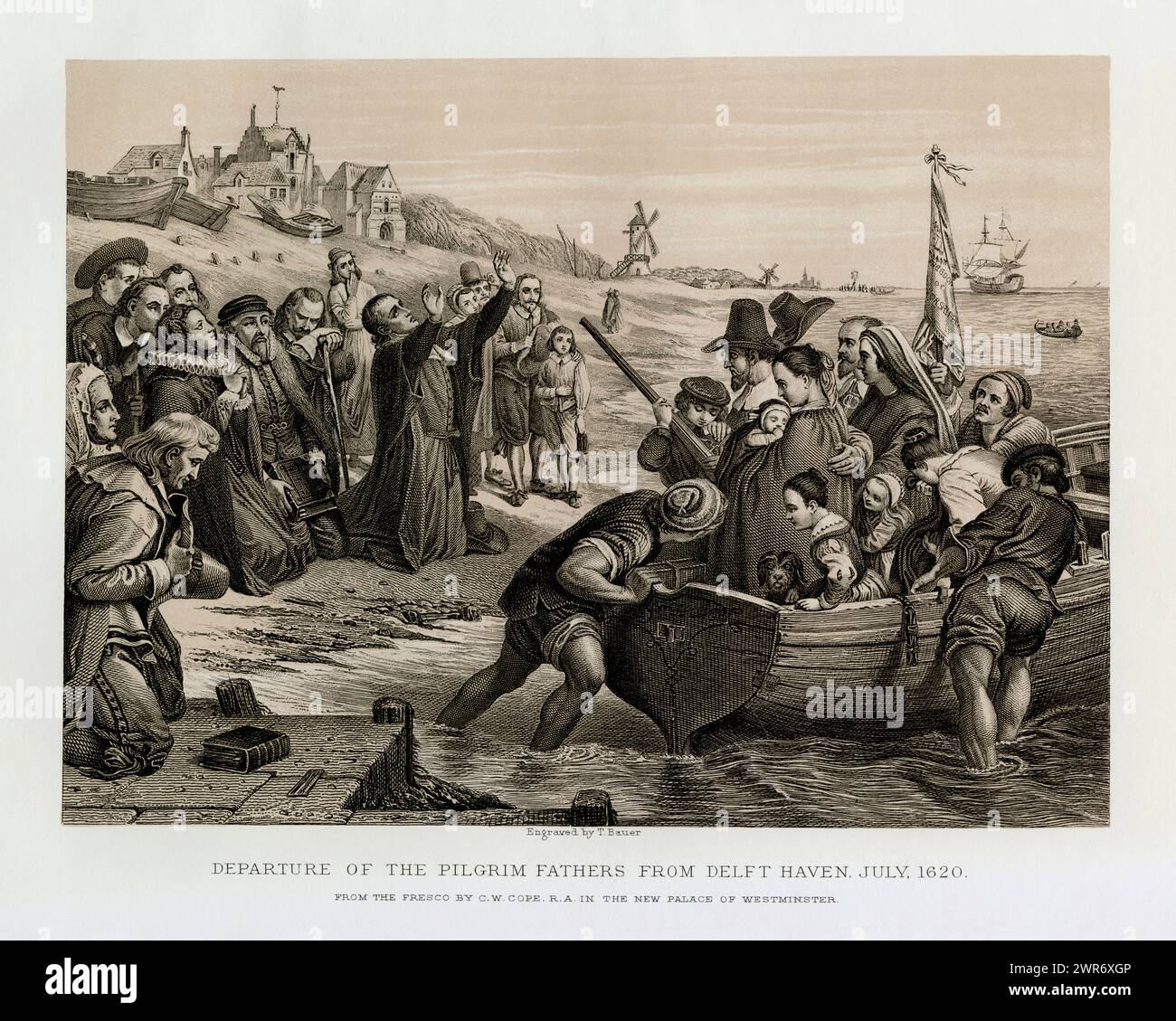 Die Pilgerväter starten im Juli 1620 von Delfshaven, dem ehemaligen Hafen von Delft, in den Niederlanden. Antike Sepia-Stiche, erstmals 1878 veröffentlicht. Stich von T. Bauer nach einem Fresko von Charles West Cope R.A. Stockfoto