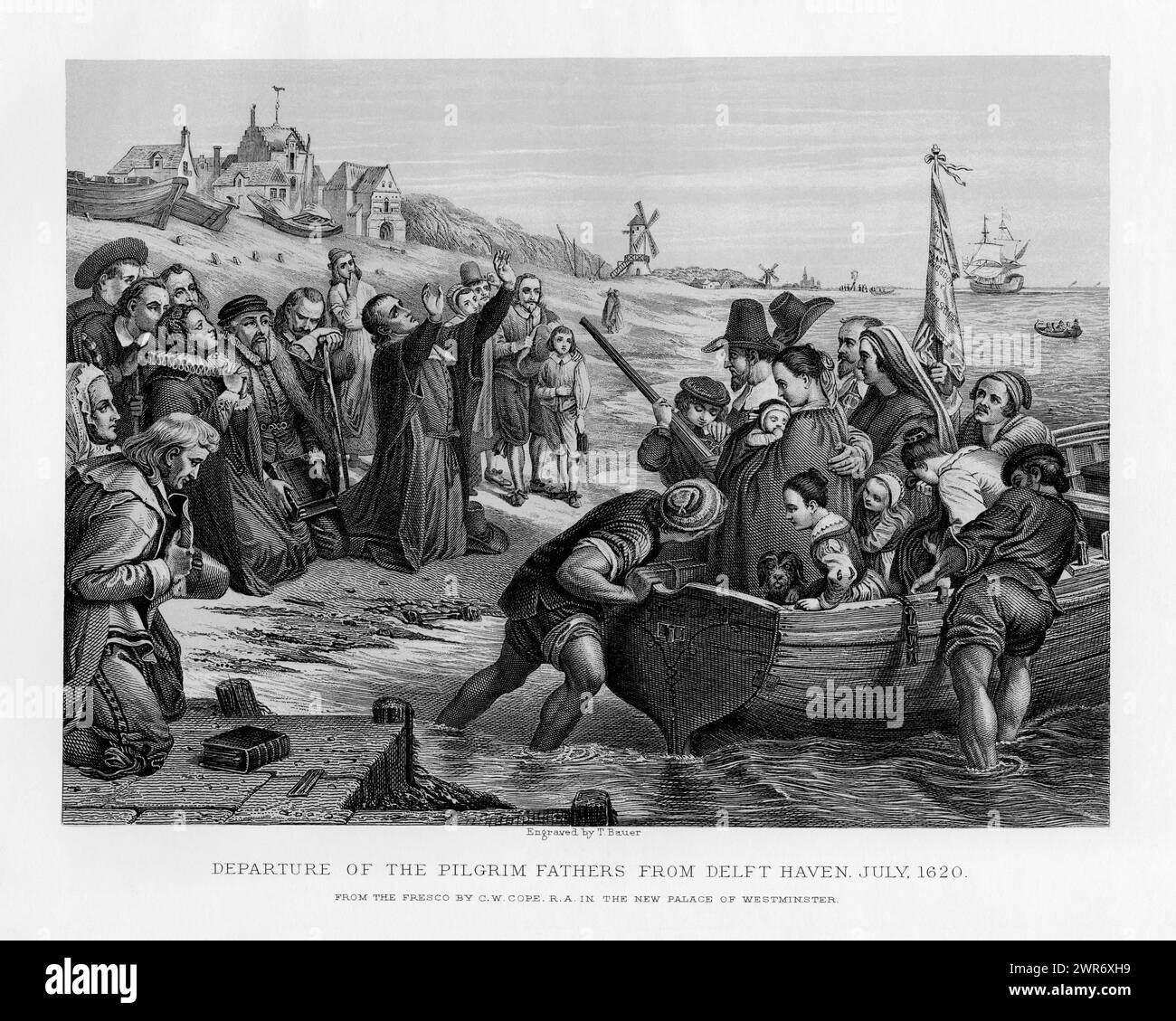 Die Pilgerväter starten im Juli 1620 von Delfshaven, dem ehemaligen Hafen von Delft, in den Niederlanden. Antiker Stich, erstmals 1878 veröffentlicht. Stich von T. Bauer nach einem Fresko von Charles West Cope R.A. Stockfoto