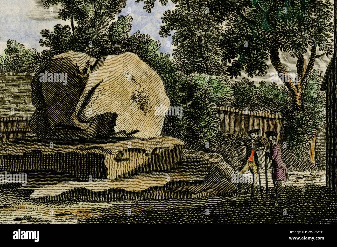 Der Chiding Stone im Dorf Chiddingstone, Kent, England. Detail des Kupferstichs vom 2. Juni 1772 von Samuel Sparrow aus einer Zeichnung von Francis Grose. Der Kupferstich wurde zuerst in Groses „The Antiquities of England and Wales“ (1772–1787) veröffentlicht und später von Hand gefärbt. Stockfoto