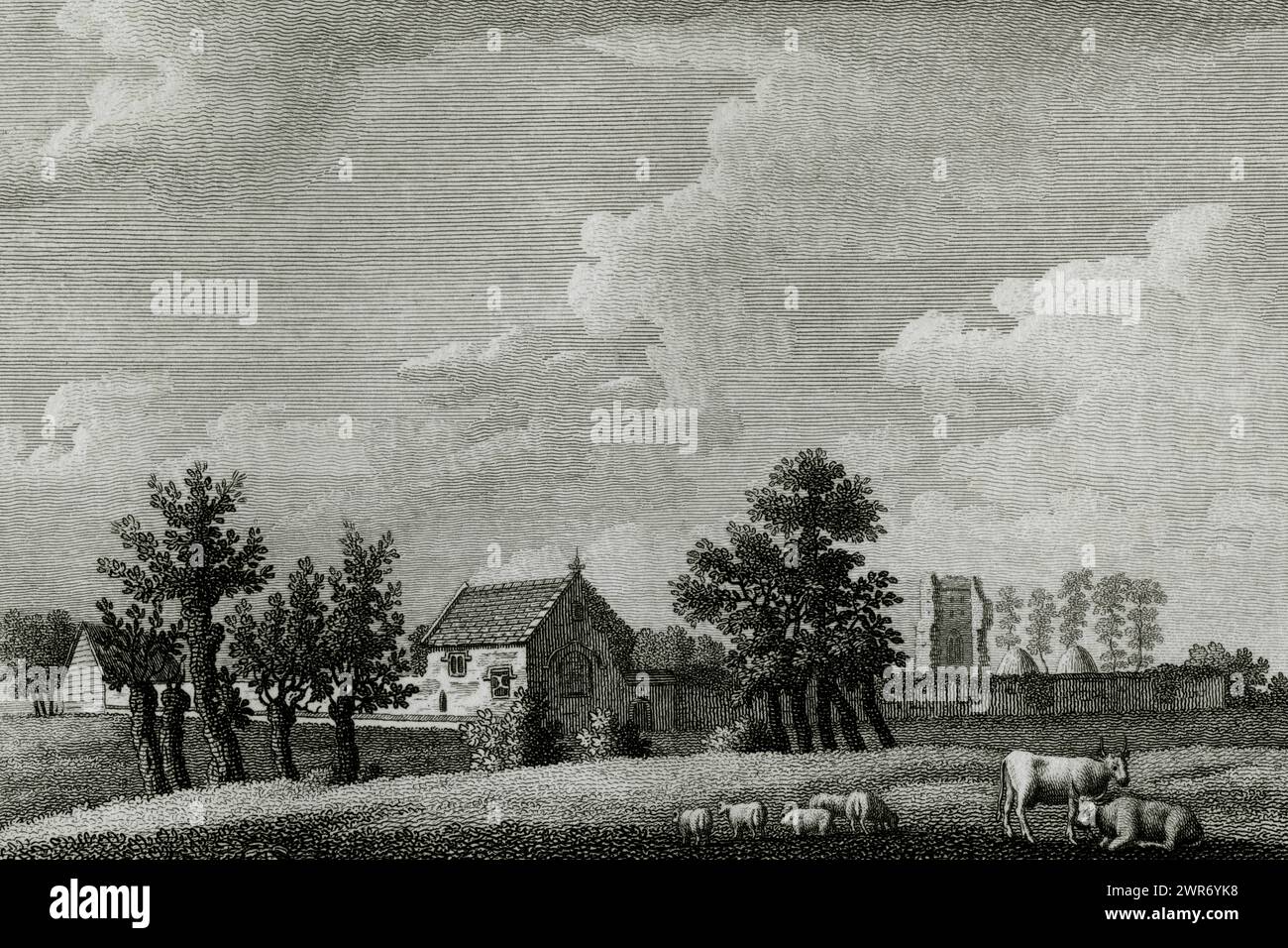 Das Nonnenkloster Godstow in Oxfordshire, England, die Ruinen einer Abtei, die in den 1100er Jahren erbaut wurde, und die Begräbnisstätte von „Fair Rosamund“ de Clifford (gestorben um 1176), Geliebte von König Heinrich II. (1133–1189). Randloser Kupferstich vom 28. März 1785 aus einer Zeichnung von Francis Grose (1731–1791), die in Groses „Antiquities of England and Wales“ (1772–1787) veröffentlicht wurde. Stockfoto