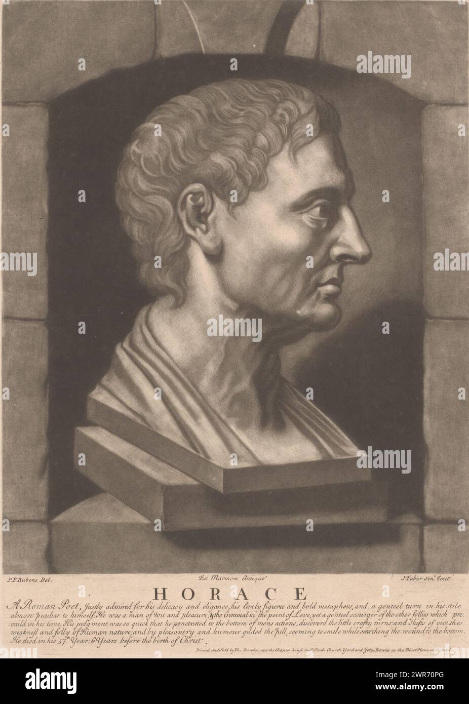 Porträt von Horace, Horace (Titel auf Objekt), Philosophen und Dichter der Klassischen Antike (Titel der Serie), Alte Philosophen und Dichter (Titel der Serie), Text in englischer Sprache am unteren Rand., Druckmacher: John Faber (I), nach Zeichnung von: Peter Paul Rubens, nach Skulptur von: Anonym, 1731 - 1766, Papier, Höhe 353 mm x Breite 252 mm, Druck Stockfoto