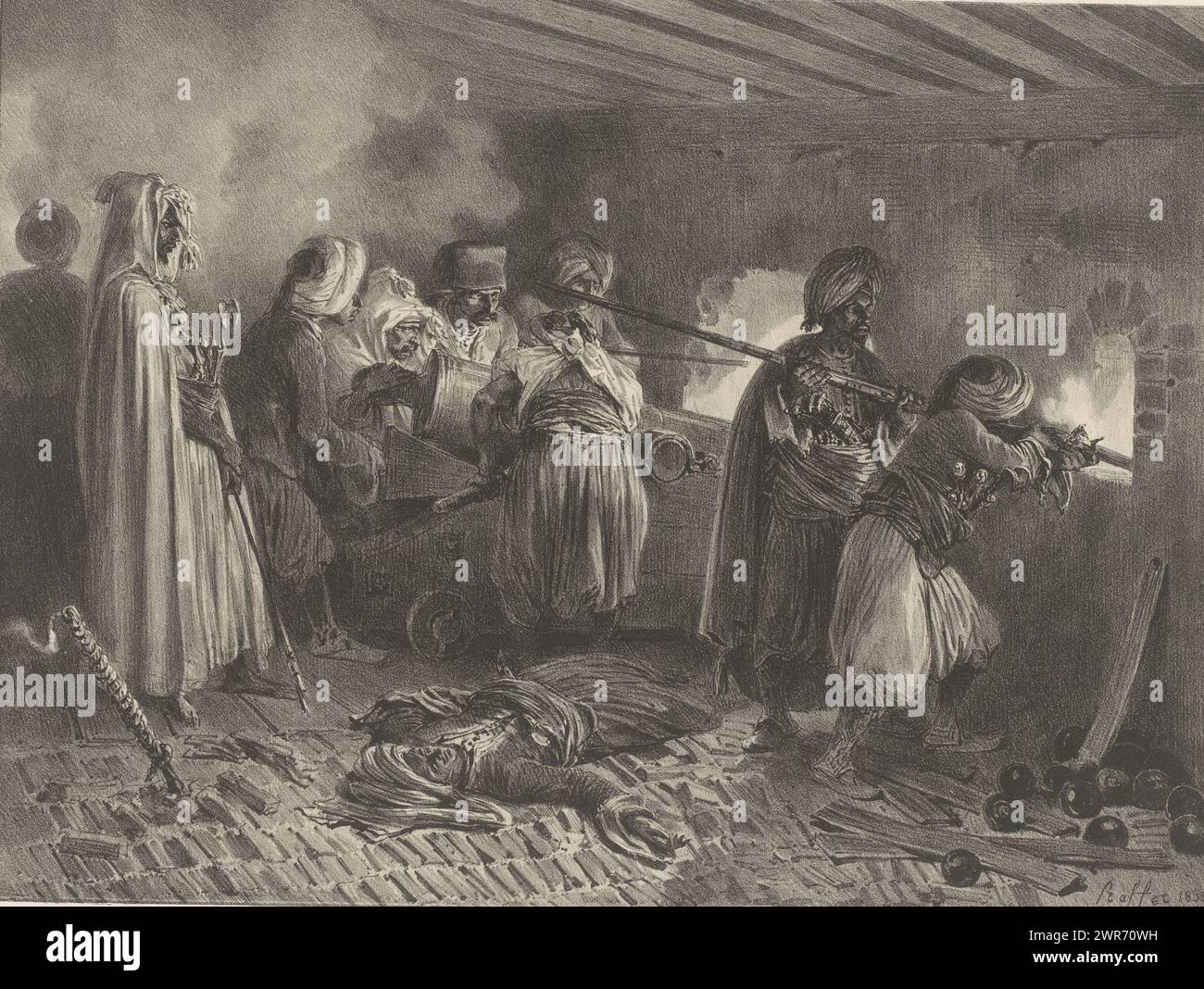 Arabische und türkische Soldaten greifen mit Kanonen an, Oktober 1837, Batterie couverte, Servie par des Arabes et des Turcs (...) oktobre, 1837 (Titel über Objekt), Capture of Constantine (Titel der Serie), Prize de Constantine (Titel der Serie ), Druckerei: Denis Auguste Marie Raffet, Drucker: Gihaut frères, Verlag: Gihaut frères, Paris, 1838, Papier, Höhe 362 mm x Breite 547 mm, bedruckt Stockfoto
