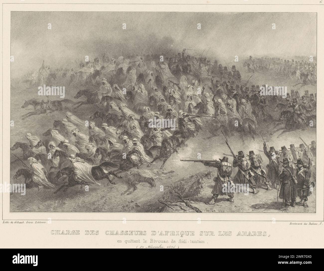 Französische und afrikanische Soldaten kämpfen gegen die Araber, 27. November 1836, Charge des chasseurs d'afrique sur les Arabes (...) (27. November 1836) (Titel zum Gegenstand), Rückzug aus Constantine (Titel der Serie), Retraite de Constantine (Titel der Serie), Druckerei: Denis Auguste Marie Raffet, Drucker: Gihaut frères, Verlag: Gihaut frères, Paris, 1837, Papier, Höhe 357 mm x Breite 548 mm, bedruckt Stockfoto