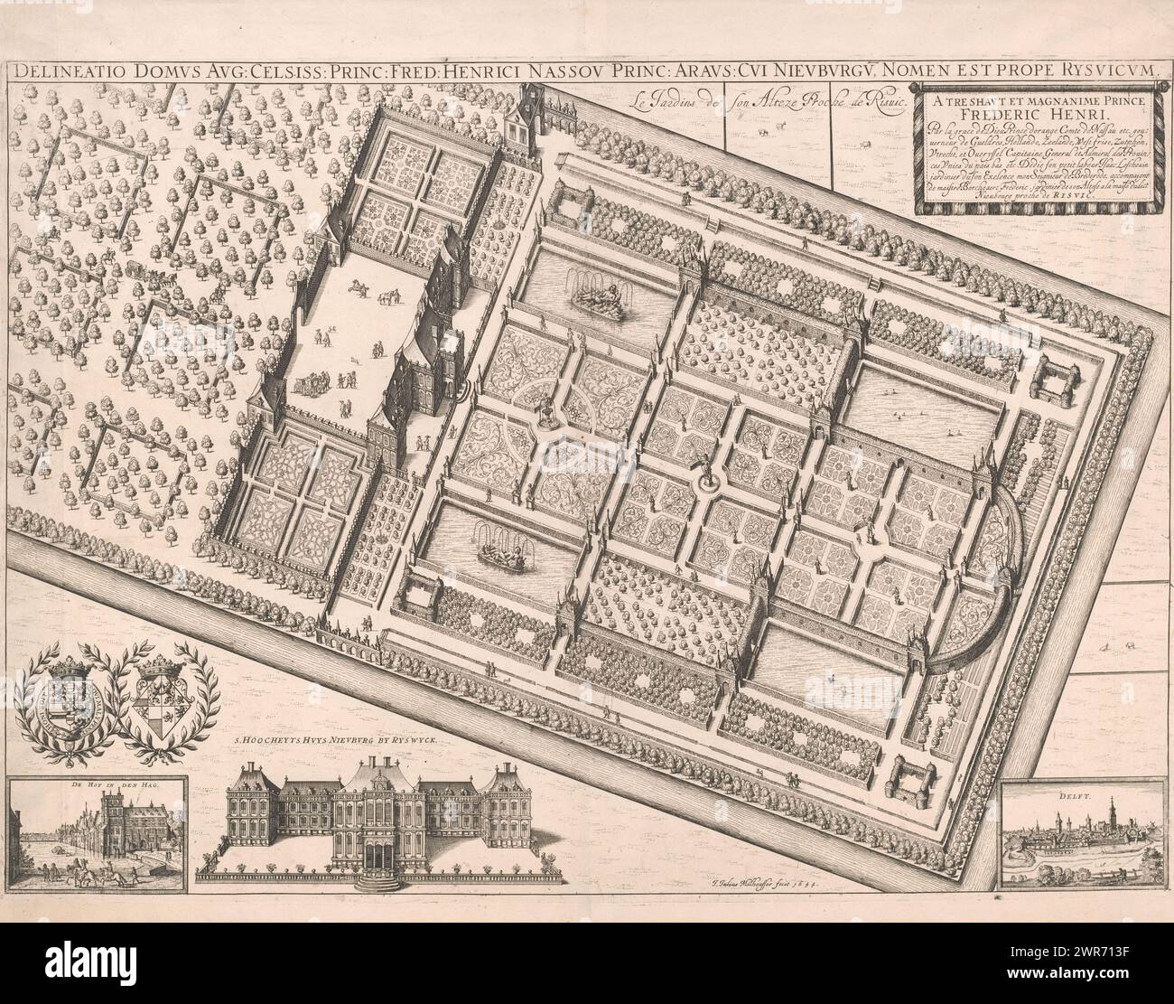 Haus ter Nieuburch mit Obstgarten und Garten, Delineatio Domus Aug: Celsiss: Prinz: Fred: Henrici Nassou Prinz: Araus; Cui Nieuburgu, Nomen EST prope Rysvicum (Titel über Objekt), das Haus in Nieuburch in Rijswijk in Vogelperspektive. Der Obstgarten links und der Garten rechts. Unten die Wappen von Frederik Hendrik und Amalia van Solms, ein Blick auf den Hof in den Haag, Huis Nieuburgh von vorne gesehen und ein Blick auf Delft., Druckerei: Julius Milheuser, 1644, Papier, Radierung, Höhe 472 mm x Breite 658 mm, Druck Stockfoto