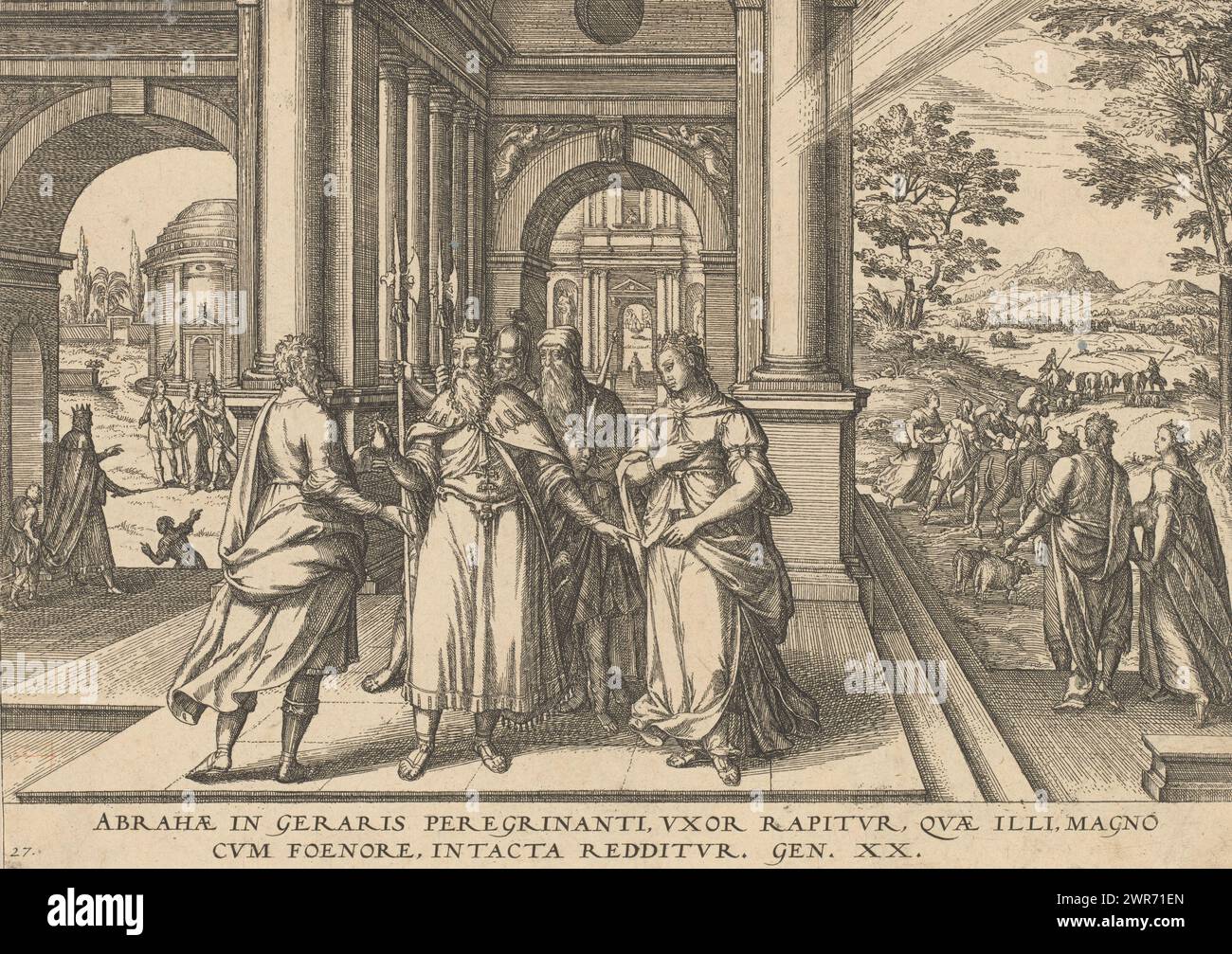 Abraham und Sarah mit König Abimelech, Figurae et imagines bibliorum, Abraham und Sarah mit Abimelech, König von Gerar. Abimelech ließ Sarah in seinen Palast bringen, weil Abraham sagte, sie sei seine Schwester, aber dort entdeckte er, dass sie mit Abraham verheiratet war. Abimelech gab Abraham seine Frau Sarah zurück, sowie Silbermünzen und Geschenke. Abraham und Sarah gehen auf der rechten Seite. Unten ein lateinischer Hinweis auf den Bibeltext in Gen. 13., Druckerei: Symon Novelanus, (zugeschrieben), Herausgeber: Johann Bussemacher, (möglicherweise), Köln, 1577 - 1627, Papier, Ätzen Stockfoto Abraham und Sarah mit König Abimelech, Figurae et imagines bibliorum, Abraham und Sarah mit Abimelech, König von Gerar. Abimelech ließ Sarah in seinen Palast bringen, weil Abraham sagte, sie sei seine Schwester, aber dort entdeckte er, dass sie mit Abraham verheiratet war. Abimelech gab Abraham seine Frau Sarah zurück, sowie Silbermünzen und Geschenke. Abraham und Sarah gehen auf der rechten Seite. Unten ein lateinischer Hinweis auf den Bibeltext in Gen. 13., Druckerei: Symon Novelanus, (zugeschrieben), Herausgeber: Johann Bussemacher, (möglicherweise), Köln, 1577 - 1627, Papier, Ätzen Stockfoto