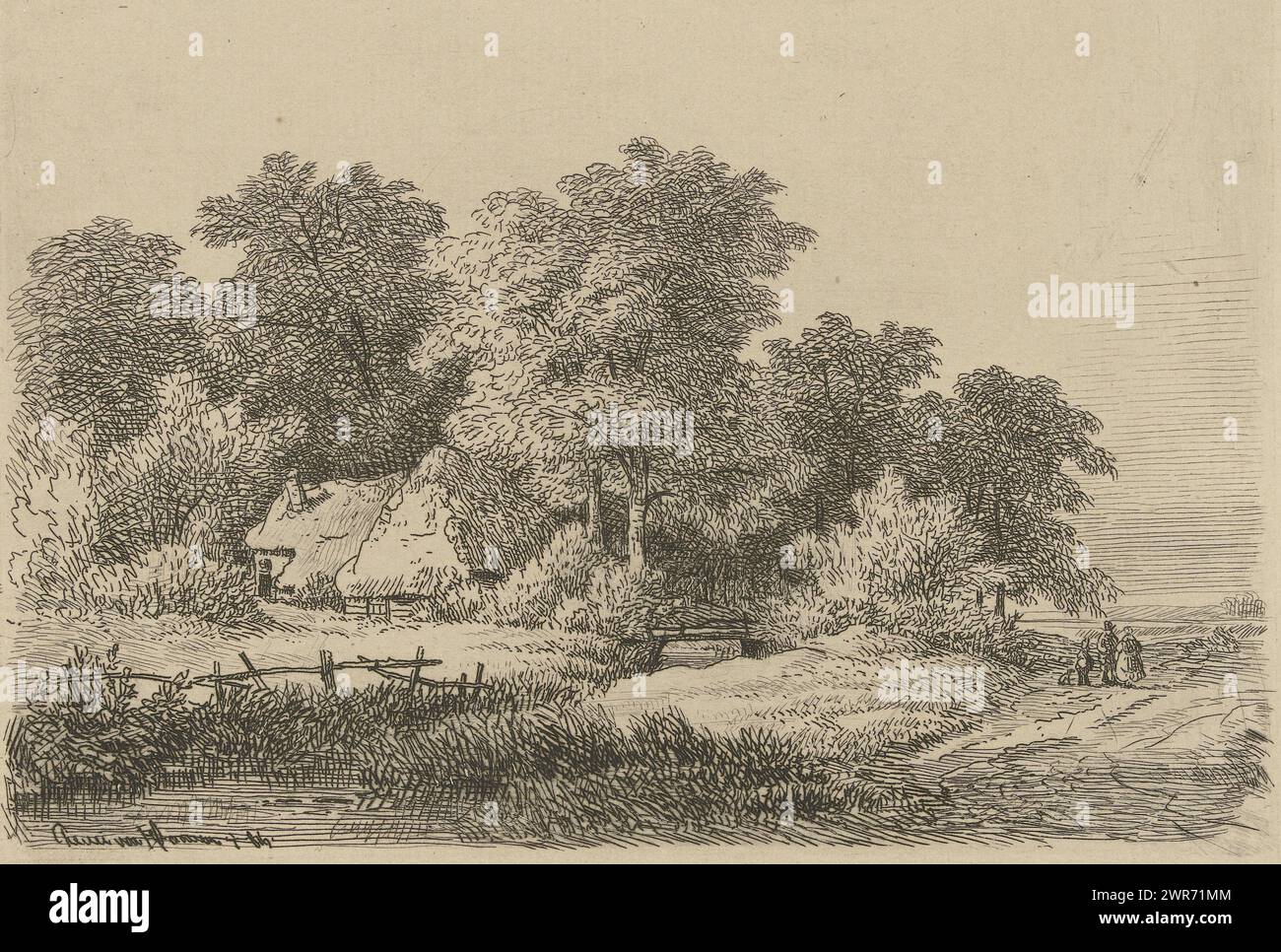 Firma auf einer Landstraße, drei Figuren und ein Hund auf einer Landstraße in der Nähe eines Bauernhofes zwischen Bäumen., Druckerei: Remigius Adrianus Haanen, Österreich, um 1849, Papier, Ätzen, Höhe 115 mm x Breite 155 mm, bedruckt Stockfoto