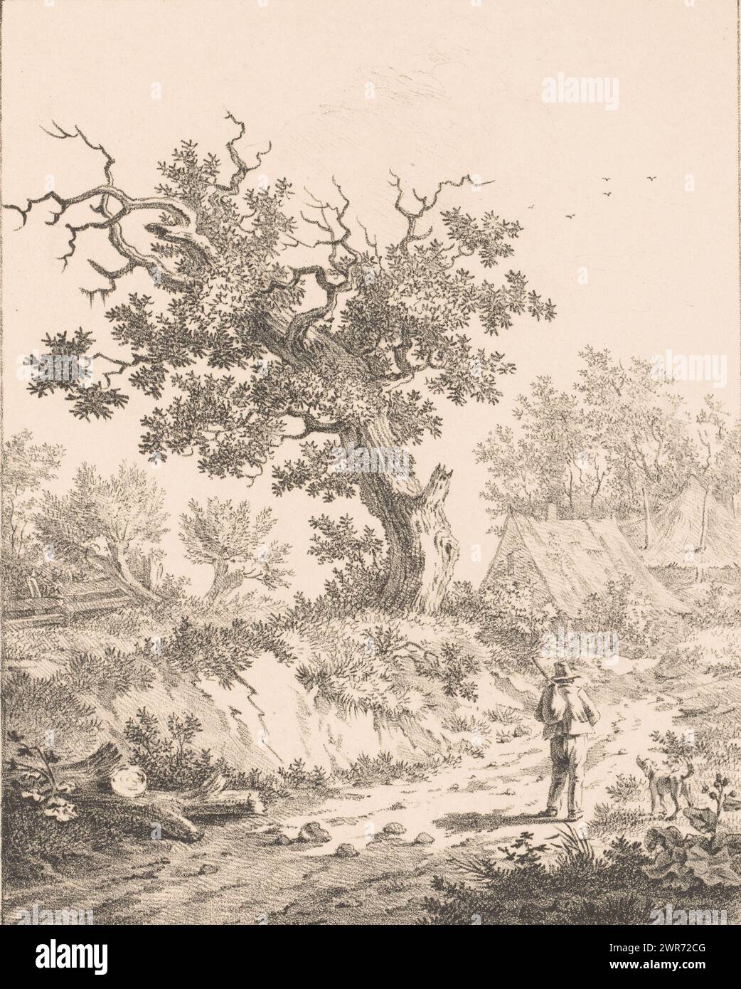 Landschaft mit Mann und Hund, Ein Mann mit einem Seesack und ein Hund, der auf einem Weg mit einer Eiche am Rande läuft. Im Hintergrund zwei Häuser., Druckerei: Gerrit Adrianus van Oosterhoudt, nach eigenem Entwurf von: Gerrit Adrianus van Oosterhoudt, Niederlande, 1809 - 1834, Papier, Höhe 293 mm x Breite 241 mm, Druck Stockfoto