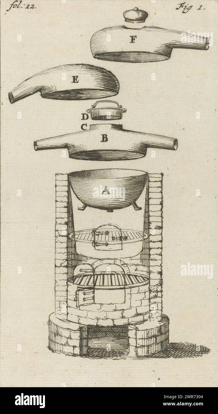 Destillierapparat mit den Angaben A-F, Druck oben links und rechts: Fol. 12 - Abb. 1, Druckerei: Jan Luyken, Verlag: Jan Claesz ten Hoorn, Amsterdam, 1689, Papier, Ätzen, Höhe 140 mm x Breite 80 mm, bedruckt Stockfoto