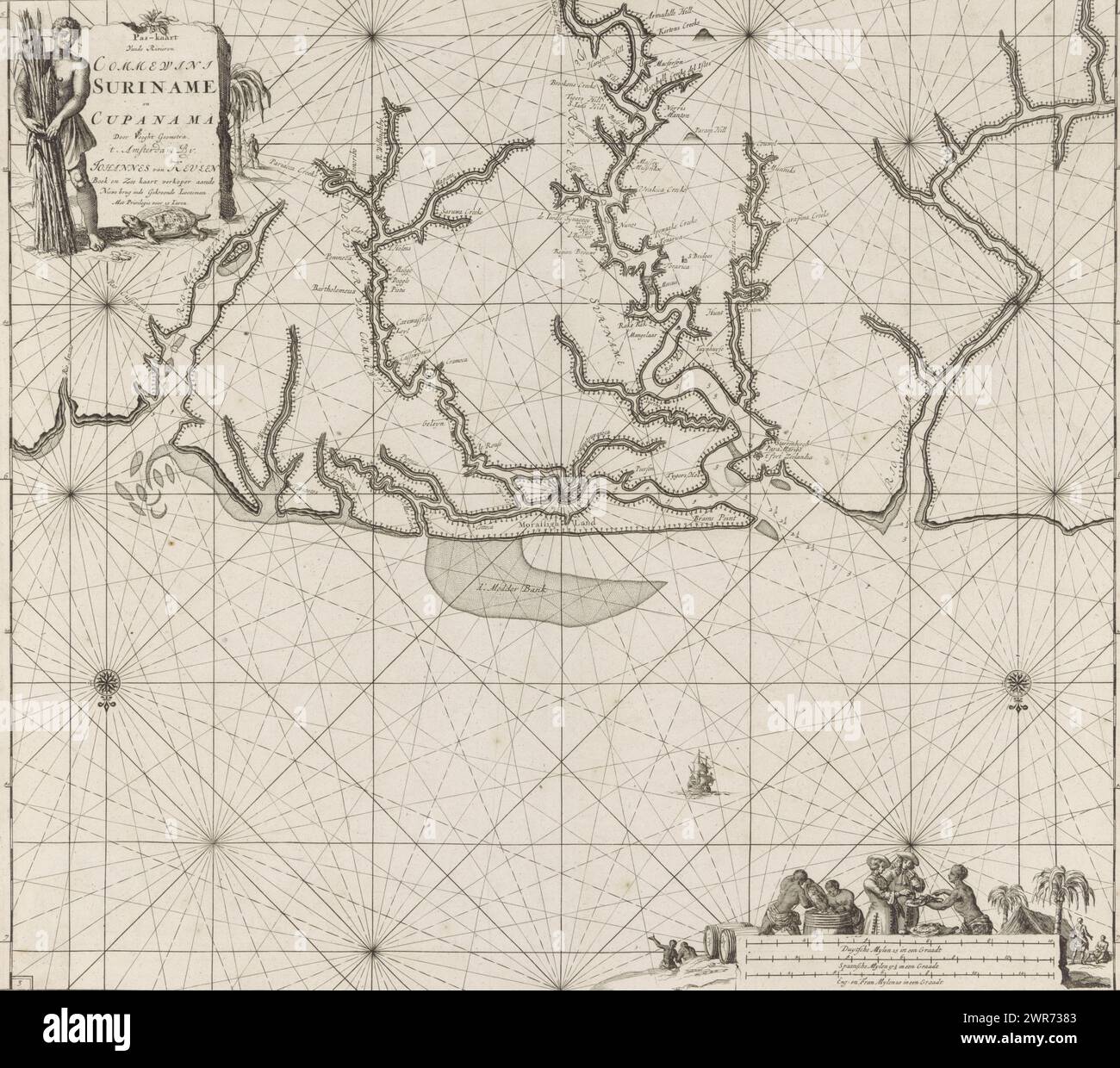 Pass Karte der verschiedenen surinamischen Flüsse, Pass Karte der Flüsse Commewini Suriname und Cupanama (Titel auf dem Objekt), Pass Karte des Auslasses der verschiedenen surinamischen Flüsse in den Atlantik, einschließlich der Commewijne, der Coppename und der Suriname Fluss und seinen Ausfluss in der Nähe von Paramaribo. Mit zwei Kompassrosen ist der Norden unten. Oben links ein donnernder Mann mit Zuckerrohr und einer Schildkröte neben dem Titel und der Adresse des Verlegers. Unten rechts zwei Händler, die Waren eines dunklen Mannes probieren, und mehrere dunkle Männer, die arbeiten. Unterhalb der Szene wird die Skala in deutscher Sprache angezeigt Stockfoto