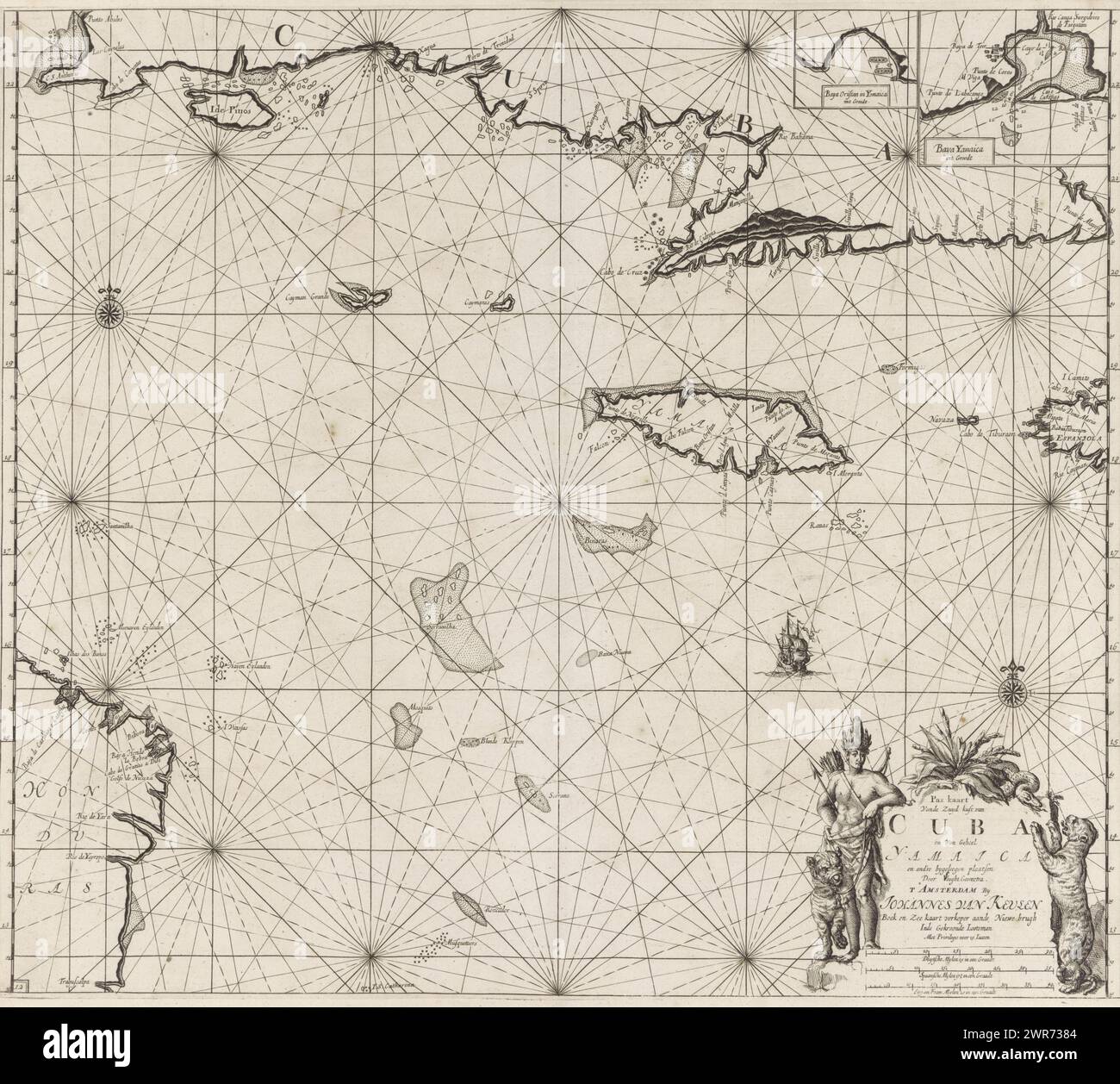 Pass Karte der Südküste von Kuba und Jamaika, Pass Karte Vande Zuyd Küste von Kuba (Titel auf Objekt), Pass Karte der Südküste von Kuba, mit Jamaika und zwei eingebetteten Karten von Buchten in Jamaika. Mit zwei Kompassrosen ist der Norden oben. Rechts unten der Titel, die Adresse des Verlegers und die Skala, dargestellt in Deutsch, Spanisch und Englisch oder Französisch Meilen (Maßstab: c. 1:2.300.000). Flankiert werden die Details von einem dunklen Mann mit Federkopfschmuck, Bogen und Pfeil und einem gezähmten Panther, und von einem wilden Panther, der auf eine Schlange brüllt., Druckmacher: Jan Luyken, Claes Jansz Voogt Stockfoto