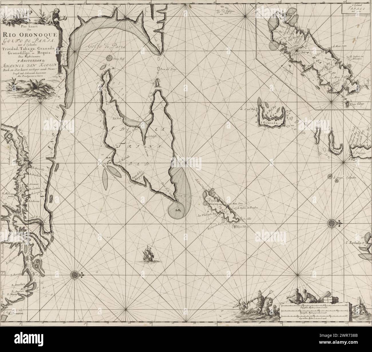 Pass Karte des Golfs von Paria mit der Mündung des Orinoco Flusses, Pass Karte von Rio Oronoque Golfo de Paria. Mit den Inseln Trinidad, Tabago, Granada, Granadillos und Bequia (Titel auf dem Objekt), Karte des Golfs von Paria mit der Mündung des Orinoco-Flusses und eine Karte von Tobago. Mit zwei Kompassrosen, Nord ist auf der rechten Seite. Oben links ein Affe neben dem Titel und der Adresse des Verlegers. Unten rechts Neptun mit Dreizack und Krone auf einem Seepferd, begleitet von zwei Meermännern. Zwei Männer mit Warenballen in der Nähe der Skala, dargestellt auf Deutsch Stockfoto