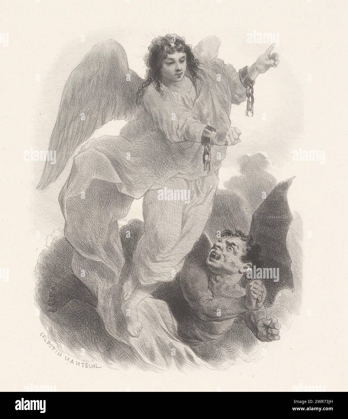 Engel mit gebrochenen Ketten und Teufel, Druckerei: Célestin Francois Nanteuil, 1823 - 1873, Papier, Höhe 357 mm x Breite 276 mm, Druck Stockfoto