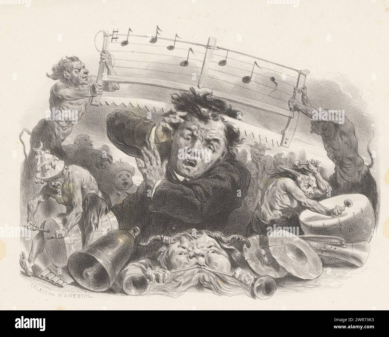 Mann umgeben von Teufeln, zwei Teufeln sägen durch den Kopf., Druckerei: Célestin Francois Nanteuil, 1823 - 1873, Papier, Höhe 276 mm x Breite 355 mm, Druck Stockfoto
