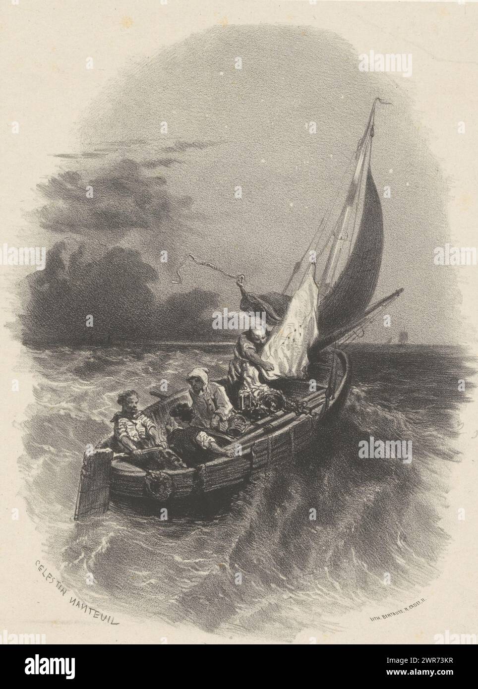 Vier Männer auf einem Segelschiff auf See, Druckerei: Célestin Francois Nanteuil, Drucker: Victor Jacques Bertauts, Paris, 1851 - 1865, Papier, Höhe 357 mm x Breite 276 mm, Druck Stockfoto