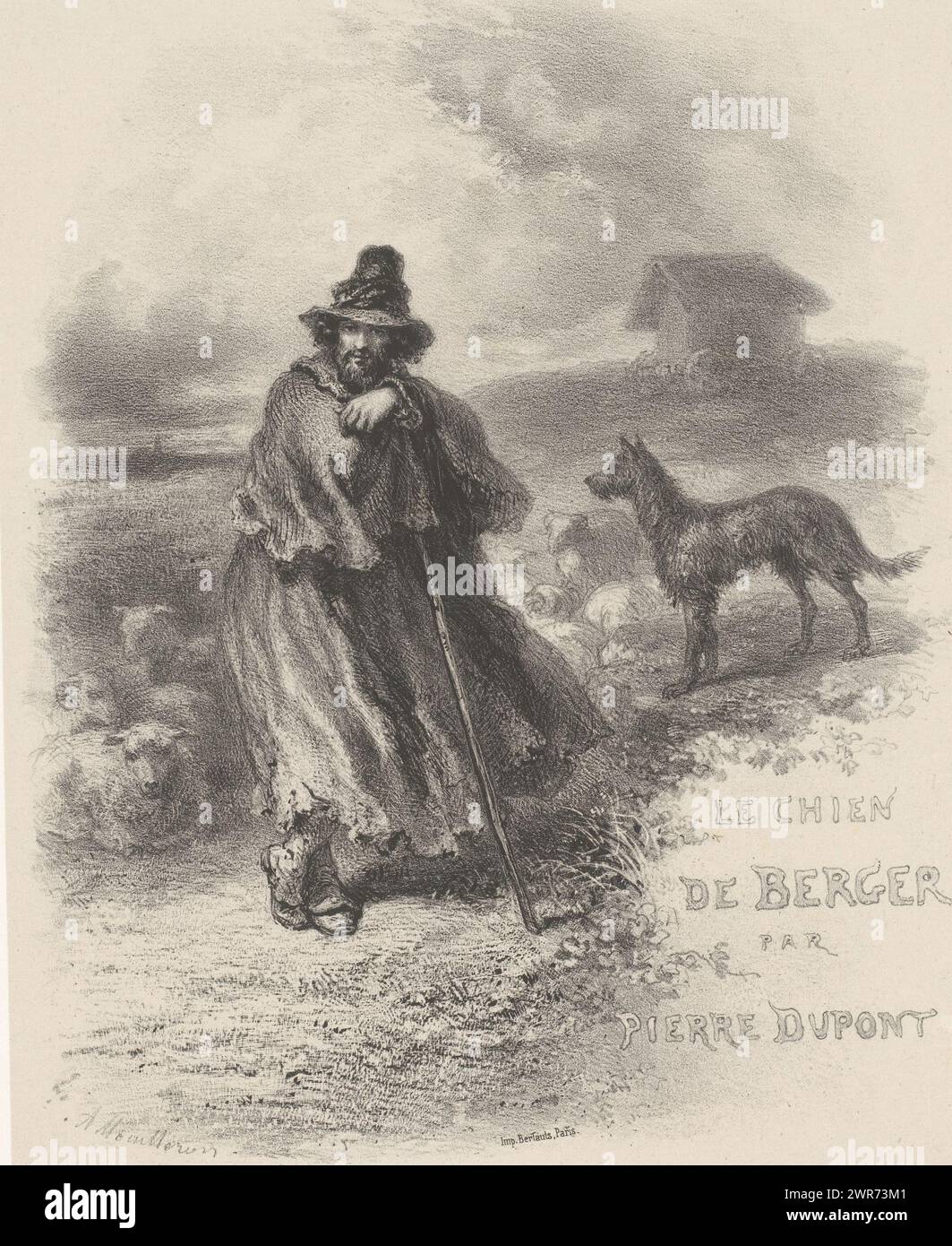 Hirte mit Schaf und Hund, Le chien de berger von Pierre Dupont (Titel über Objekt), Druckerei: Adolphe Mouilleron, Drucker: Victor Jacques Bertauts, Paris, 1830 - 1880, Papier, Höhe 355 mm x Breite 273 mm, Druck Stockfoto