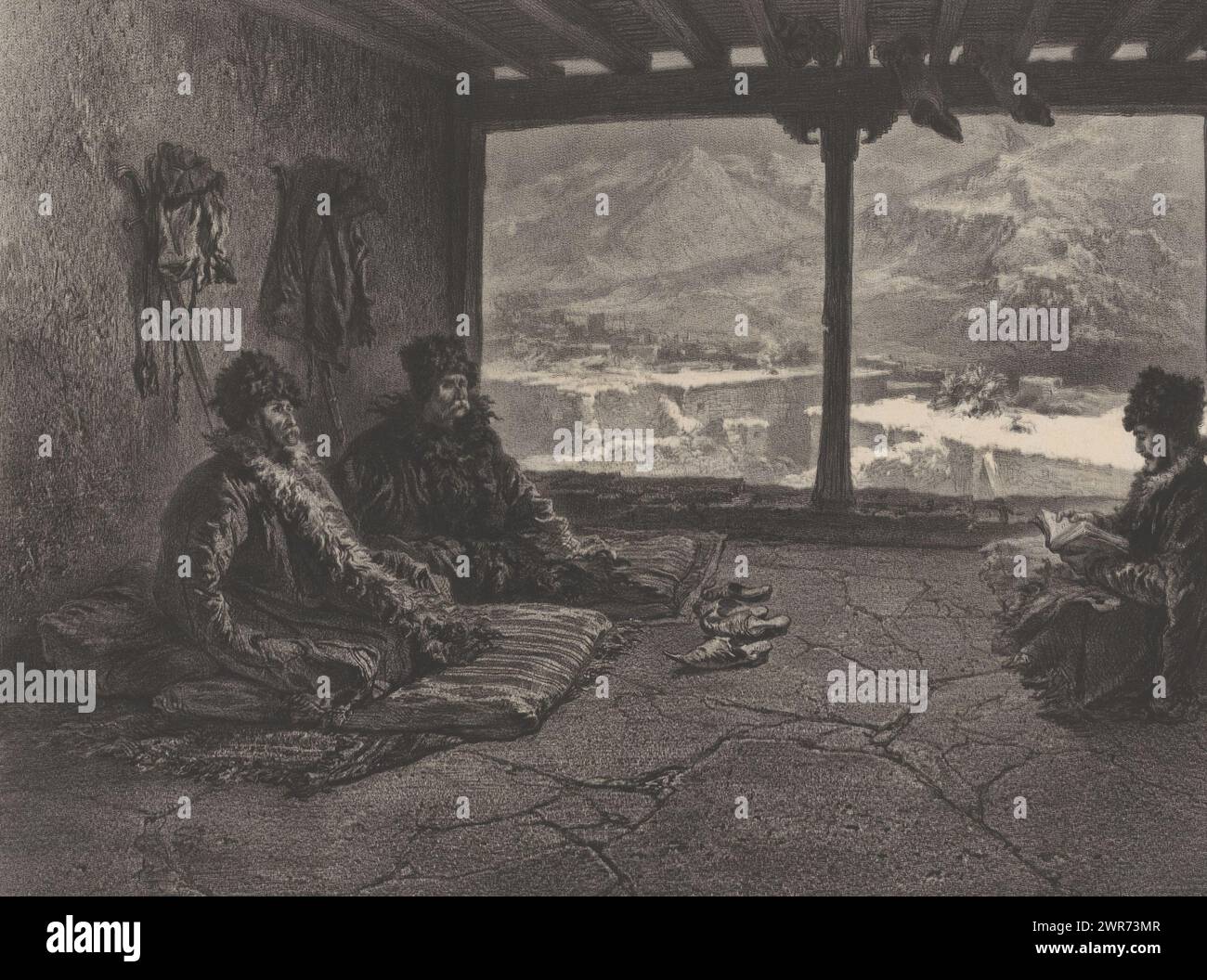 Vortrag des Chariats von Chosrakh in Dagestan, Daghestan. Vortrag du Chariat a Chosrakh, Studien im Kaukasus nach Zeichnungen von Grigori Gagarin (Serientitel), Le Caucase pittoresque dessiné d'après Nature von Prinz Grégoire Gagarine (Serientitel), Druckerei: Adolphe Mouilleron, nach Zeichnung von: Grigory Gagarin (prins), 1847 - 1855, Papier, Höhe 400 mm x Breite 566 mm, Druck Stockfoto