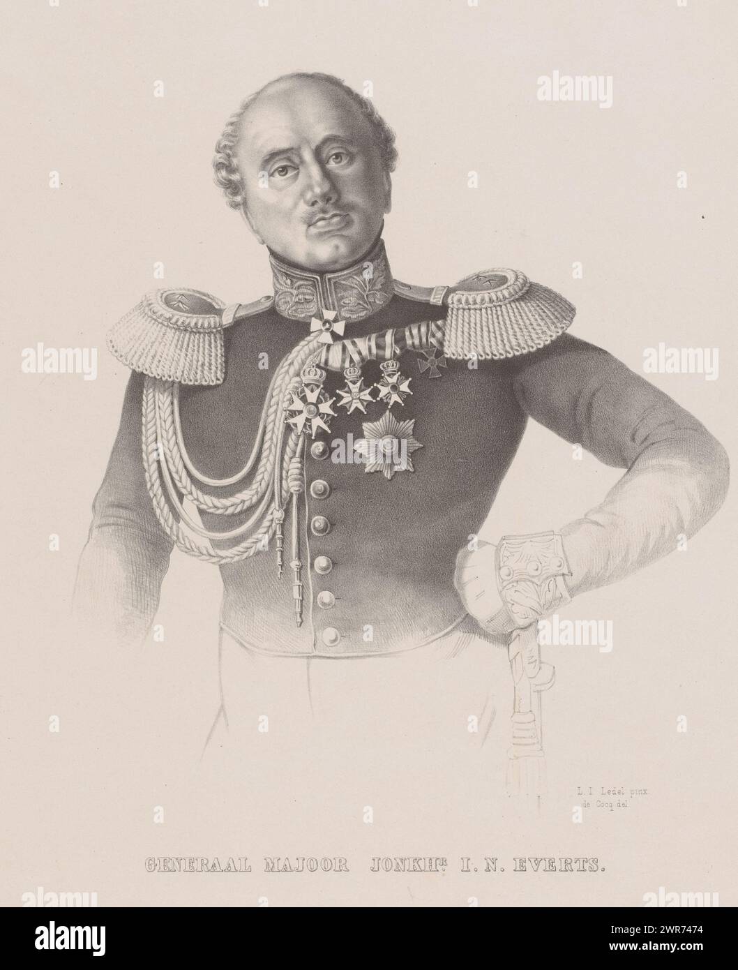 Porträt von Jacob Nicolaas Everts, Generalmajor Jonkhr I. N. Everts (Titel über Objekt), Druckerei: Hendrik Frederik Sartor, nach Entwurf: Cornelis de Cocq, nach Malerei von Leopoldus Jacobus Ledel, den Haag, 1831 - 1853, Papier, Höhe 415 mm x Breite 310 mm, Druck Stockfoto