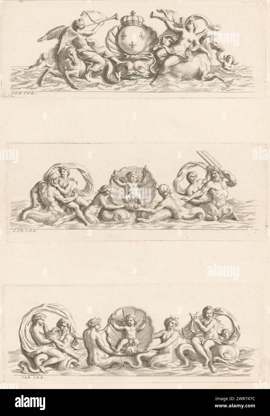 Friese mit Wappen Frankreichs, Putti und Meeresbewohner, Recueil de Divers Desseins de Fontaines et de Frises Maritimes (Titel der Serie), drei Friese auf einem Blatt. Oben: Gekröntes Wappen Frankreichs in einer Schale auf einem Brunnen, flankiert von Hippocampi und Engeln, die Trompeten blasen. Mitte: Ein Putto in einer Muschel mit Fleur-de-Lis, flankiert von Meerjungfrauen und Frauen, die auf Meermännern sitzen. Unten: Ein Putto in einer Muschel mit Fleur-de-Lis, flankiert von Meerjungfrauen und Frauen mit Muschel und Leier, die auf einem Meermann und einem Delfin sitzen., Druckerei: Louis de Châtillon, nach Entwurf von Charles Le Brun Stockfoto