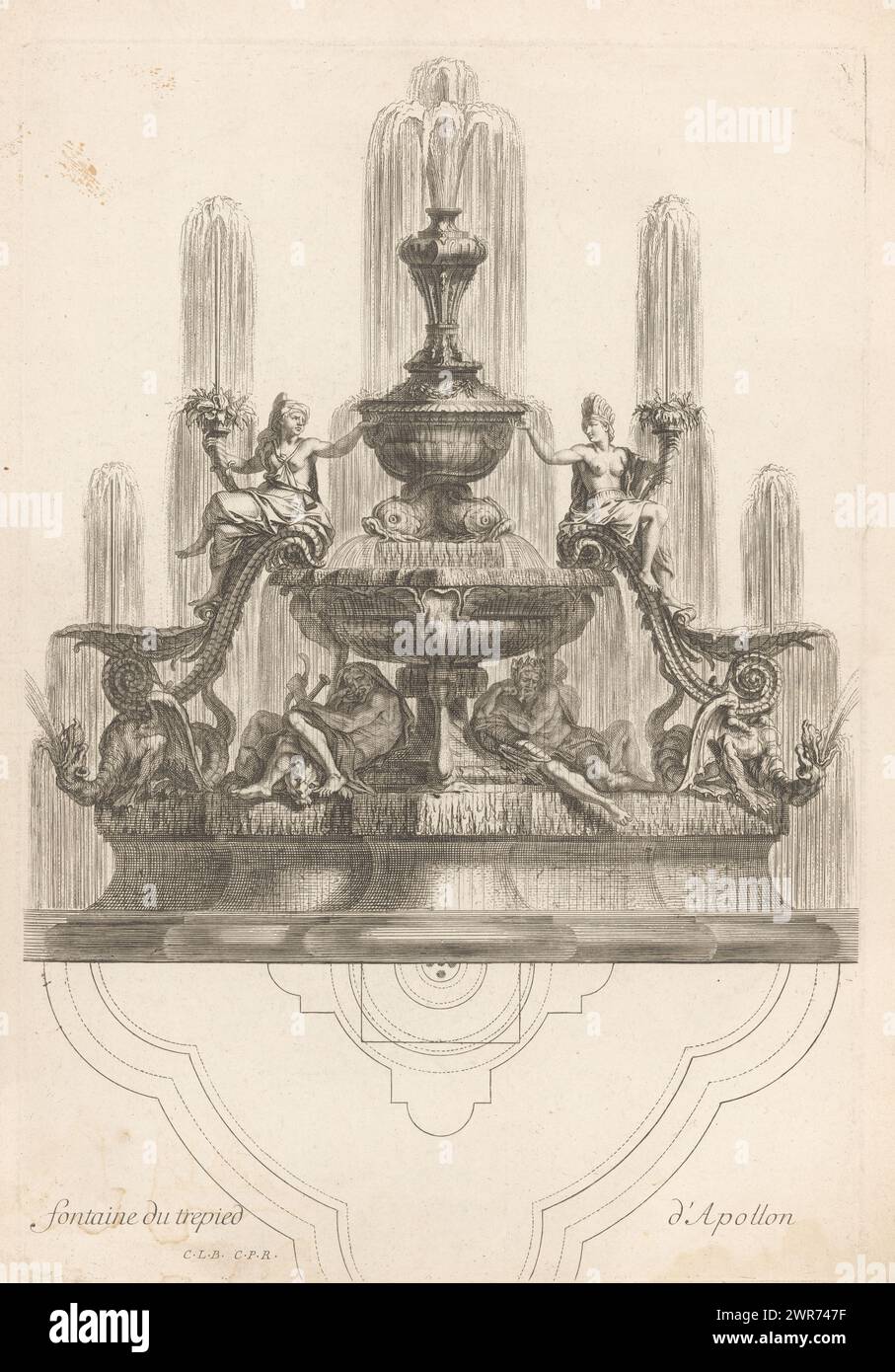 Brunnen mit Stativ von Apollo, fontaine du Trepied d'Apollon (Titel auf Objekt), Recueil de Divers Desseins de Fontaines et de Frises Maritimes (Titel der Serie), Vorderansicht und Plan eines Brunnens mit dem Stativ von Apollo. Unten befinden sich zwei Drachen und zwei Flussgötter. Darüber sitzen zwei Frauen mit Hörnern des Überflusses als Personifikationen zweier Kontinente. In der Mitte zwei Springbrunnen und an der Spitze das Stativ von Apollo., Druckerei: Louis de Châtillon, nach Entwurf: Charles Le Brun, Gerard Edelinck, Paris, 1672 - 1686, Papier, Ätzen, Höhe 429 mm x Breite 291 mm Stockfoto
