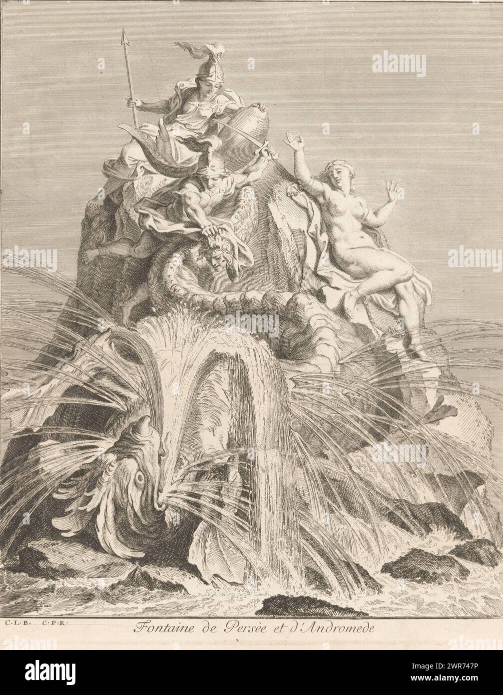 Brunnen mit Perseus und Andromeda, Fontaine de Persèe et d'Andromede (Titel auf Objekt), Recueil de Divers Desseins de Fontaines et de Frises Maritimes (Titel der Serie), Ein Brunnen mit Perseus und Andromeda. Perseus zeigt dem Drachen den Kopf der Medusa. Minerva sitzt hinter ihm. Rechts ist Andromeda an den Felsen gekettet., Druckerei: Louis de Châtillon, nach Entwurf: Charles Le Brun, Gerard Edelinck, Paris, 1672 - 1686, Papier, Ätzen, Höhe 360 mm x Breite 288 mm, bedruckt Stockfoto