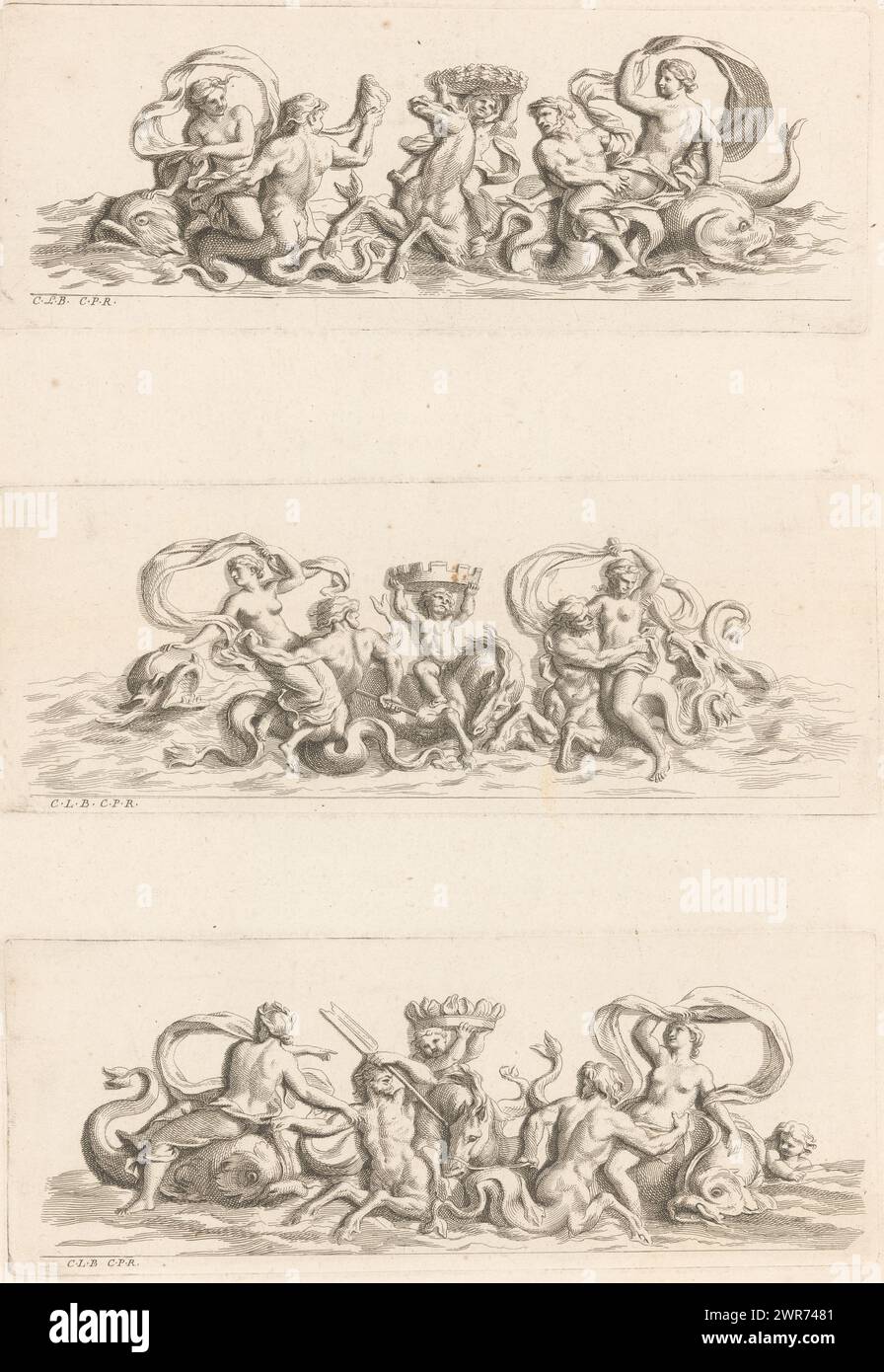 Friese mit Meeresbewohnern und Putti, Recueil de Divers Desseins de Fontaines et de Frises Maritimes (Titel der Serie), drei Friese auf einem Blatt. Oben: Zwei Frauen sitzen auf Delfinen und zwei Meermänner flankieren einen Putto mit einem Lorbeerkranz, der auf einem Hippocampus sitzt. Mitte: Zwei Seedrachen und zwei Frauen, die auf Meermännern sitzen, flankieren einen Putto mit einer Stadtkrone, die auf einem Hippocampus sitzt. Unten: Zwei Frauen sitzen auf Hippocampi und zwei Meermänner flankieren einen Putto mit einer Flammenkrone auf einem Hippocampus., Druckerei: Louis de Châtillon, nach Entwurf: Charles Le Brun, Gerard Edelinck, Paris, 1672–1686 Stockfoto