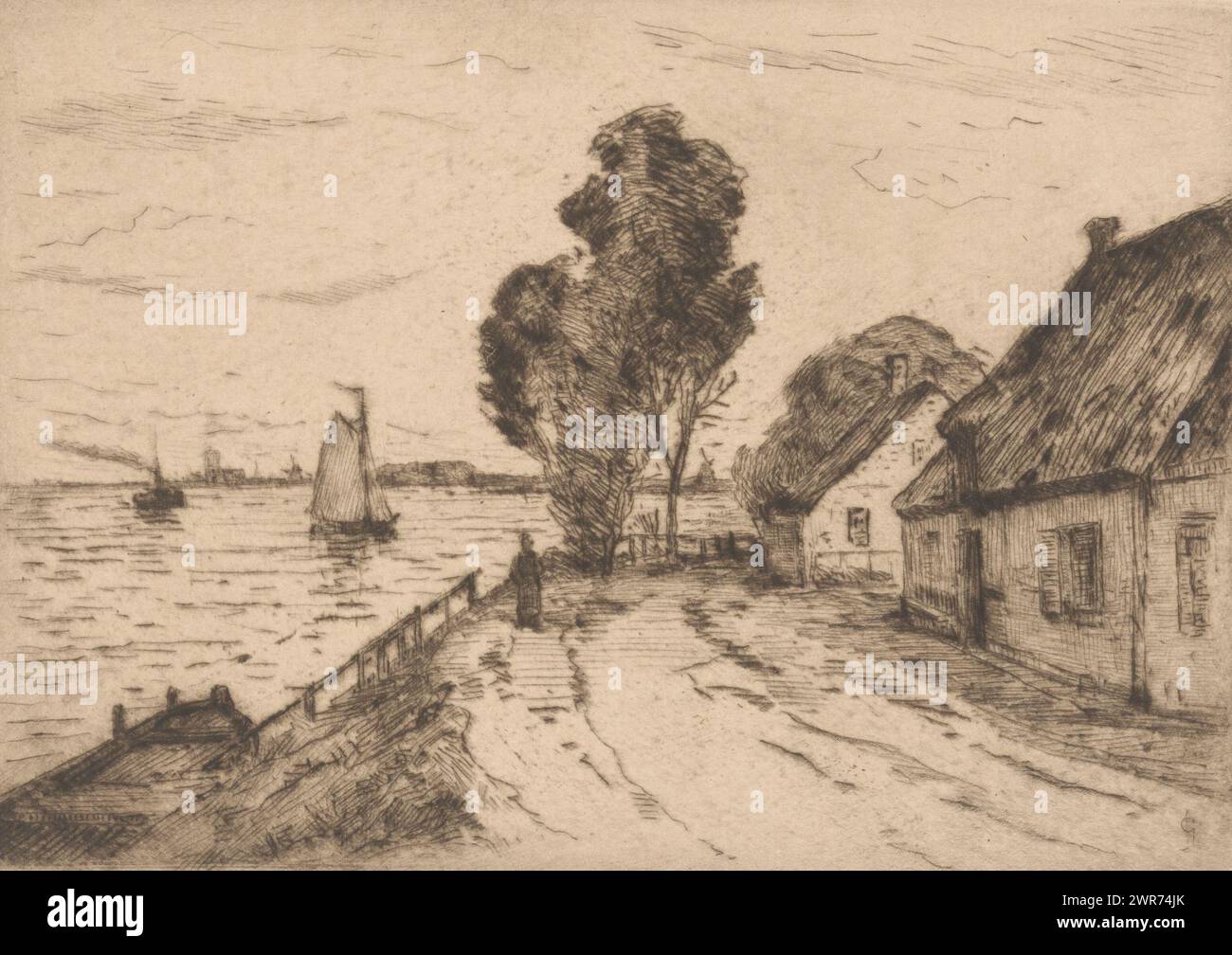 Dorfansicht in Kinderdijk, links segelt ein Segelboot; rechts Häuser auf dem Deich., Druckerei: Carel Nicolaas Storm van 's-Gravesande, (signiert vom Künstler), Niederlande, ca. 1887, Papier, Trockenpunkt, Höhe 122 mm x Breite 180 mm, bedruckt Stockfoto