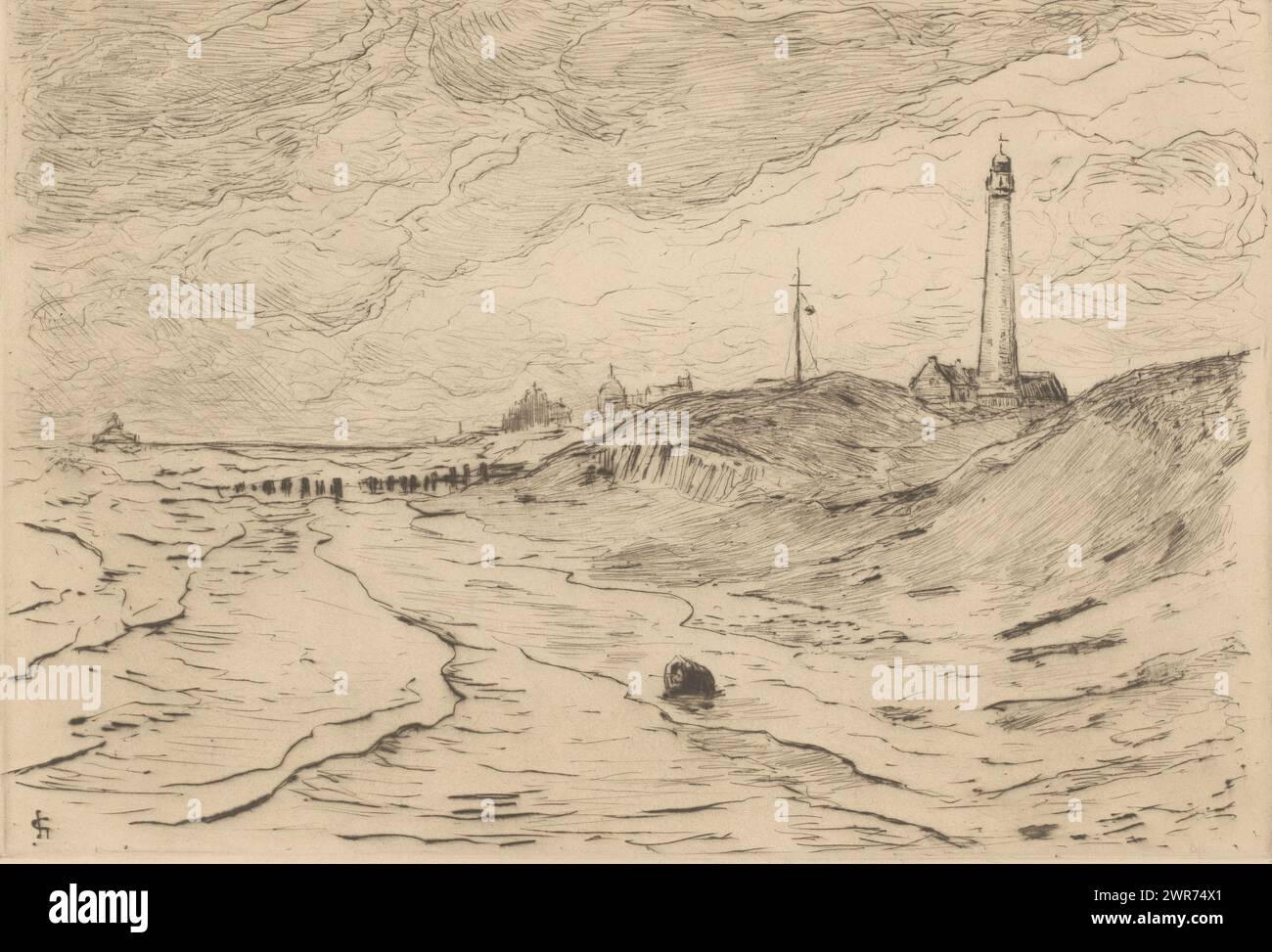 Ansicht des Leuchtturms von Scheveningen, des Leuchtturms von Scheveningen (Originaltitel), Druckerei: Carel Nicolaas Storm van 's-Gravesande, (signiert vom Künstler), 1851 - 1902, Papier, Trockenpunkt, Höhe 270 mm x Breite 394 mm, bedruckt Stockfoto