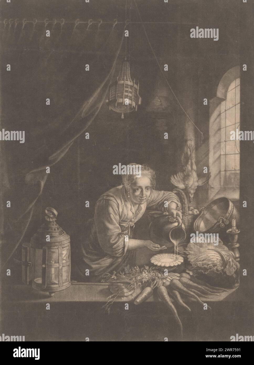 Junge Frau, die Wasser aus einem Krug gießt, Druckerei: Isaac Sarrabat, nach Malerei von Gerard Dou, 1677 - 1701, Papier, Höhe 370 mm x Breite 264 mm, Druck Stockfoto
