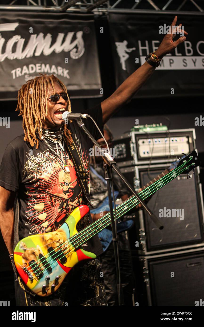 Frankfurt, Deutschland. April 2011. T. M. Stevens (Thomas Michael Stevens), US-amerikanischer Bassist aus New York City, geboren am 28. Juli 1951 in New York, gestorben am 10. März 2024 in New Jersey, tritt auf der Frankfurter Musikmesse 2011 in Frankfurt/Main auf. Fotocredit: Christian Lademann / LademannMedia Stockfoto