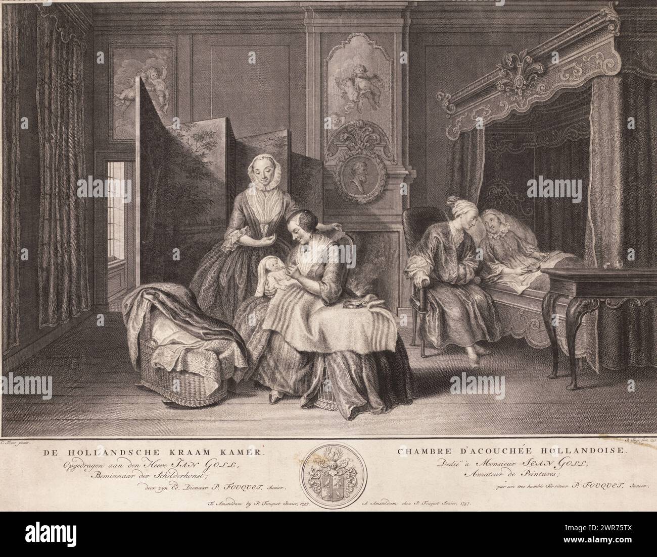 Niederländisches Entbindungszimmer, de Hollandsche Entbindungszimmer / Chambre d'acouchée hollandoise (Titel auf Objekt), im Entbindungszimmer füttert eine Krankenschwester das Baby, während eine andere Frau zusieht. Rechts liegt die Mutter in einem Himmelbett. Ihr Mann sitzt neben ihr. Am unteren Rand befindet sich das Wappen von Johann Goll von Frankenstein, dem das Originalgemälde gehörte und dem der Druck gewidmet ist., Druckerei: Pieter Tanjé, nach Malerei von: Cornelis Troost, Verlag: Pierre Fouquet, Amsterdam, 1757, Papier, Ätzen, Gravieren, Höhe 385 mm x Breite 501 mm Stockfoto