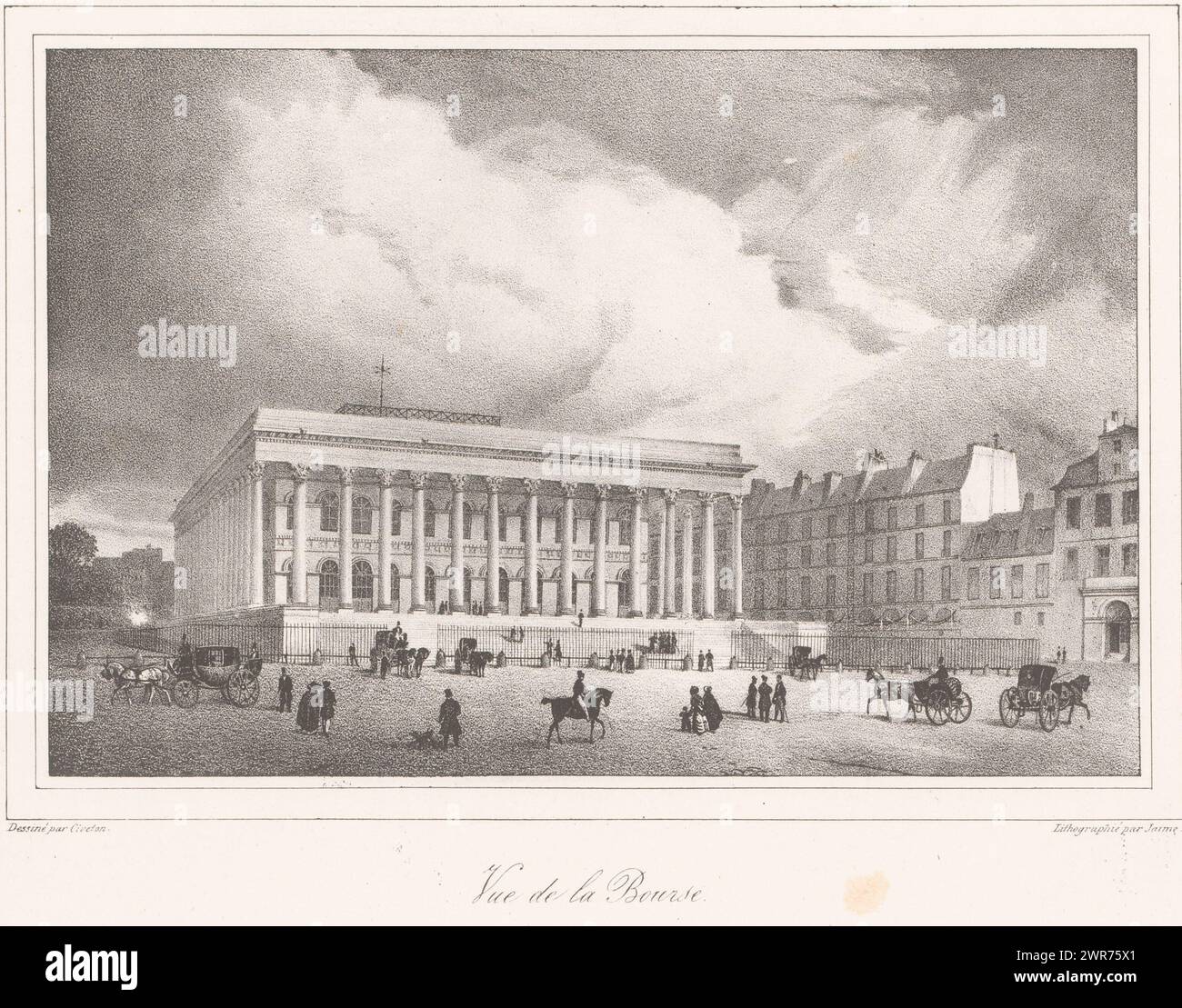 Ansicht des Börsengebäudes in Paris, Vue de la Bourse (Titel über Objekt), Sehenswürdigkeiten in Paris (Titel der Serie), Vues prinzipales de Paris (Titel der Serie über Objekt), Druckerei: Ernest Jaime, nach Zeichnung von Christophe Civeton, Verlag: Giraldon-Bovinet & Cie., (möglicherweise), Paris, um 1827, Papier, Höhe 271 mm x Breite 357 mm, bedruckt Stockfoto