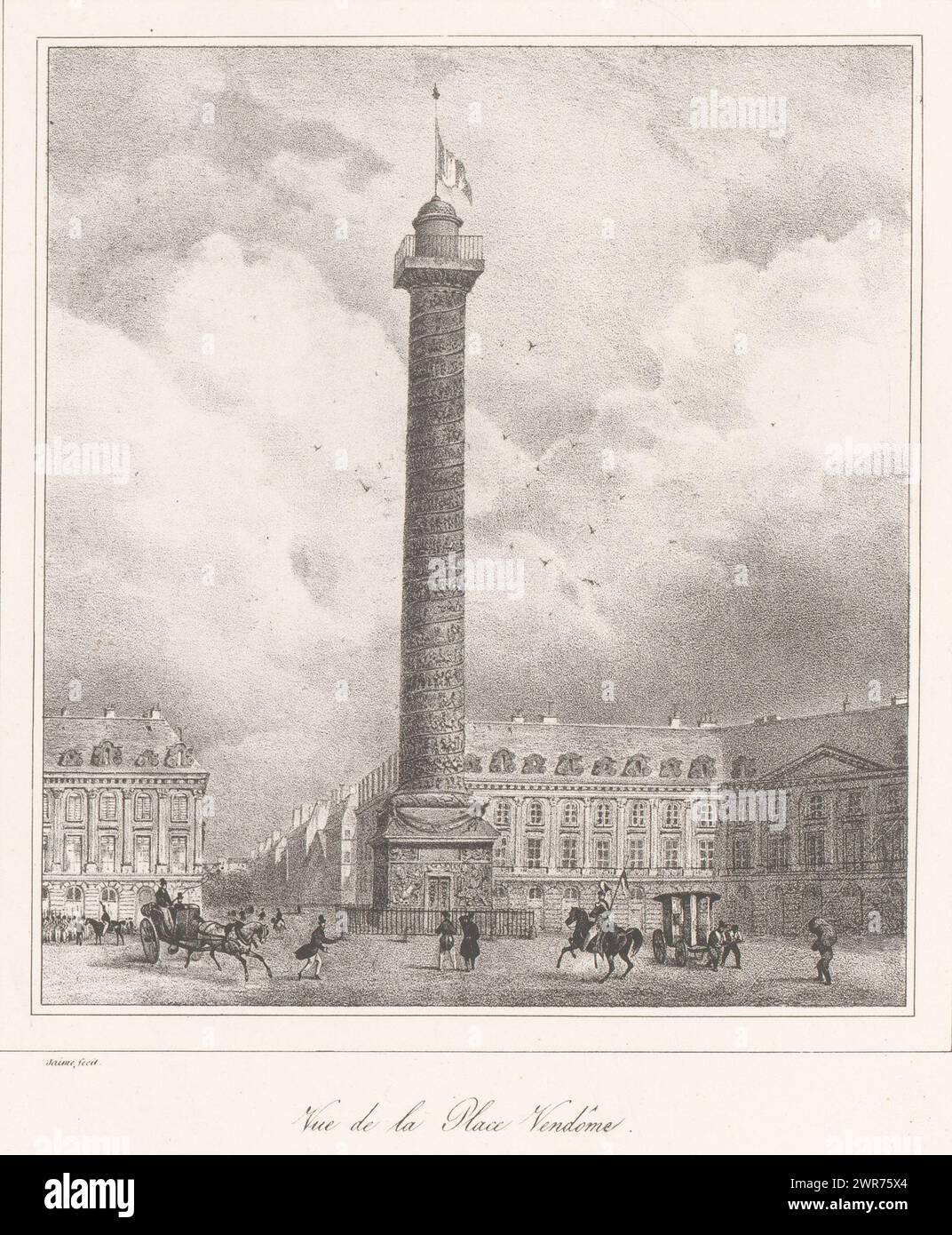 Ansicht der Colonne Vendôme, Vue de la Place Vendôme (Titel auf dem Objekt), Druckerei: Ernest Jaime, Verlag: Giraldon-Bovinet & Cie., Paris, 1828, Papier, Höhe 352 mm x Breite 271 mm, Druck Stockfoto