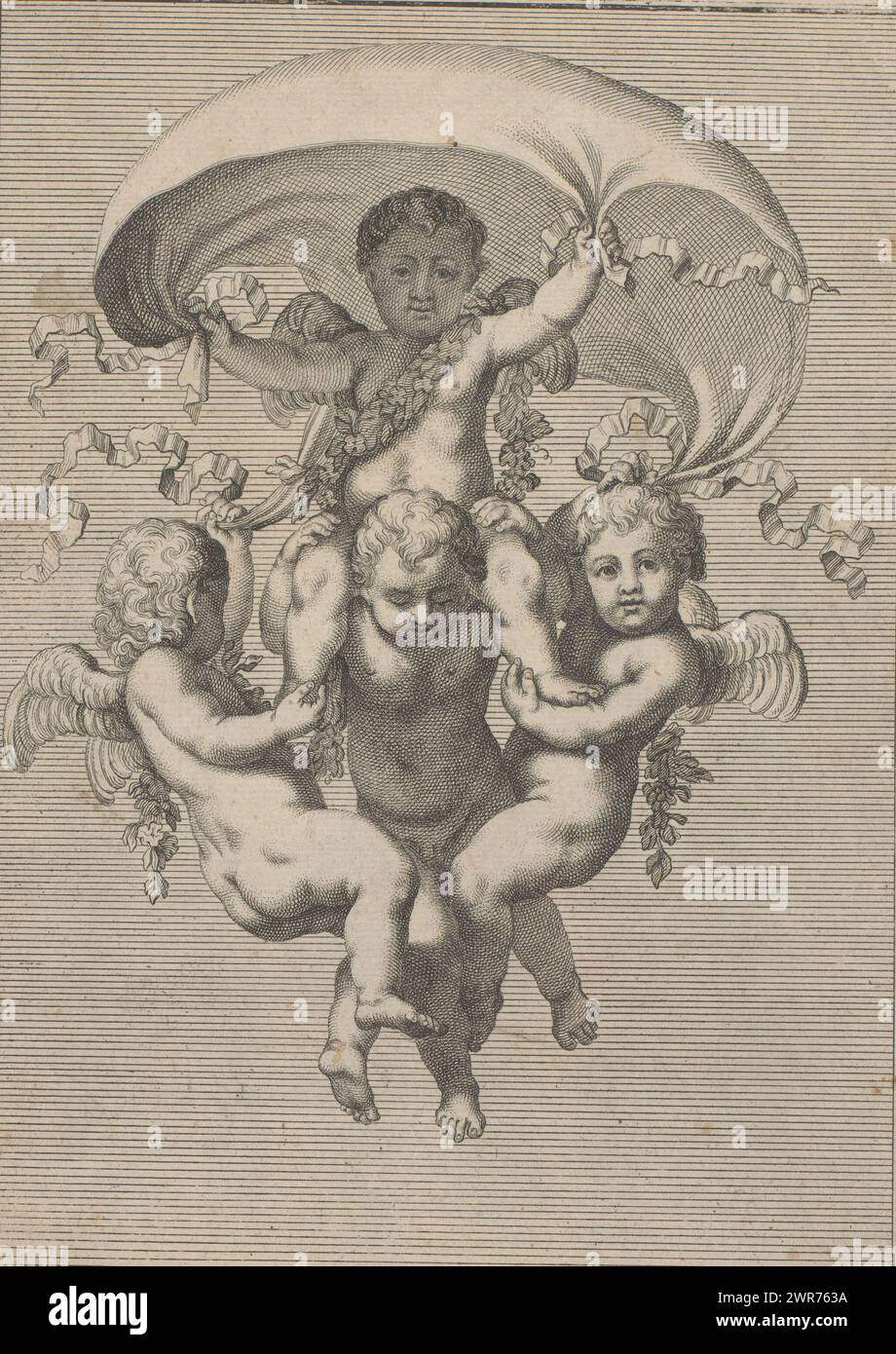 Drei Putti tragen einen vierten Putto, Ein Putto trägt eine Girlande über die Schulter und hält ein Tuch. Es wird von drei Putten getragen. Verlagsnummer 21., Druckerei: Benedikt Winkler, Verlag: Johann Daniel Herz (I), Augsburg, 1737 - 1754, Papier, Kupferstich, Höhe 265 mm x Breite 191 mm, bedruckt Stockfoto