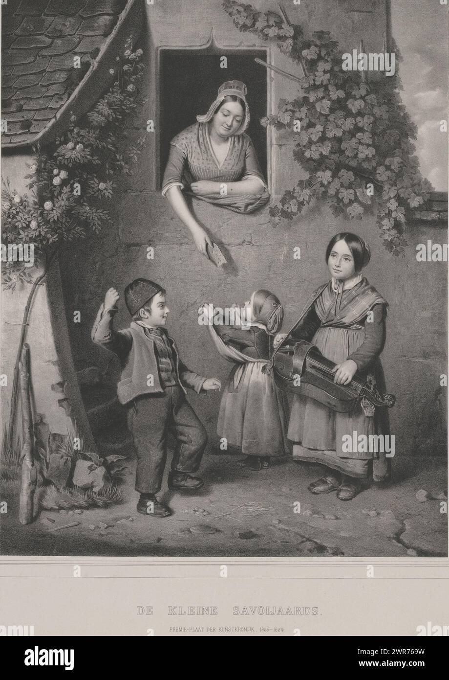 Drei Kinder mit einer Frau, die sich aus einem Fenster beugt, die kleinen Savoyen (Titel auf Objekt), drei Savoyener Kinder stehen vor einem Haus, in dem sich eine Frau aus einem Fenster lehnt. Der Junge tanzt zu der Musik, die das Mädchen rechts auf der Drehleier spielt. Das Mädchen in der Mitte bekommt ein Stück Käse von der Frau in ihre Schürze geworfen. Premiumplatte bei Kunstkronijk 1853-54., Druckerei: Anonym, nach Malerei von Jozef Geirnaert, Niederlande, in oder vor 1853 - 1854, Papier, Höhe 620 mm x Breite 463 mm, Druck Stockfoto