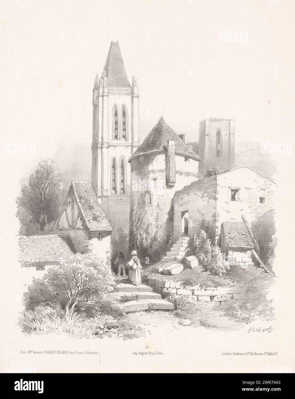 Dorfkirche mit Ruinen, Landschaften (Serientitel), Druckerei: Jean Baptiste Louis Hubert, Drucker: Auguste Bry, Verlag: Francois Delarue, Drucker: Paris, Verlag: Paris, Verlag: Paris, Verlag: London, 1849 - 1856, Papier, Höhe 358 mm x Breite 276 mm, Druck Stockfoto