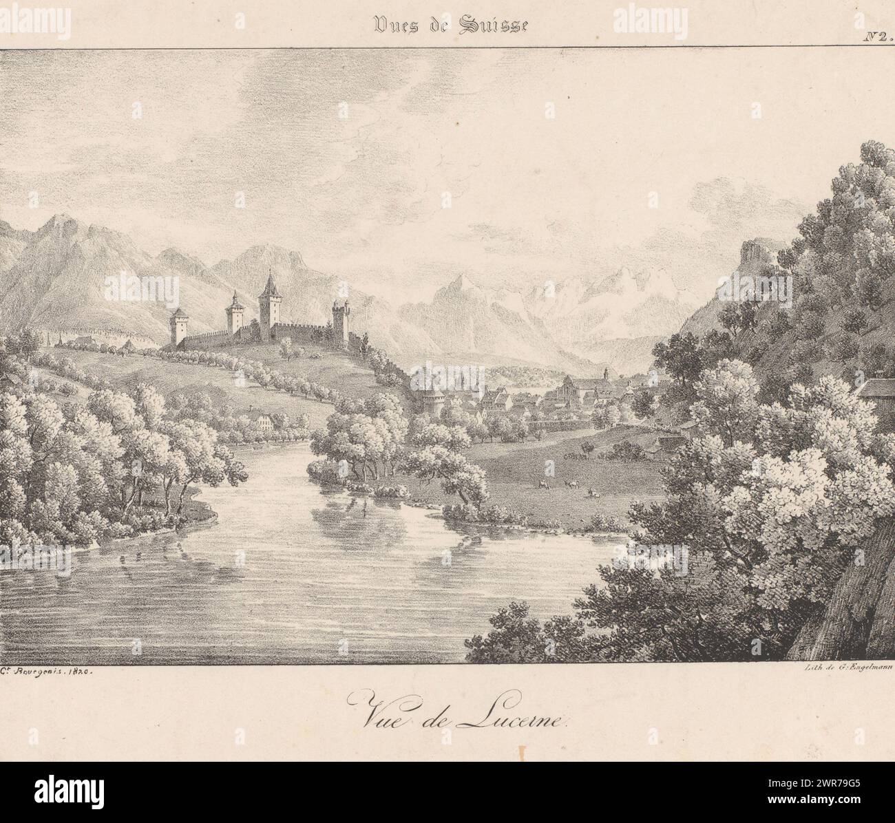 View of Luzern, Vue de Lucerne (Titel über Objekt), Views in Switzerland (Titel der Serie), Vues de Suisse (Titel der Serie über Objekt), Druckerei: Constant Bourgeois, Drucker: Gottfried Engelmann, Paris, 1820, Papier, Höhe 297 mm x Breite 419 mm, bedruckt Stockfoto