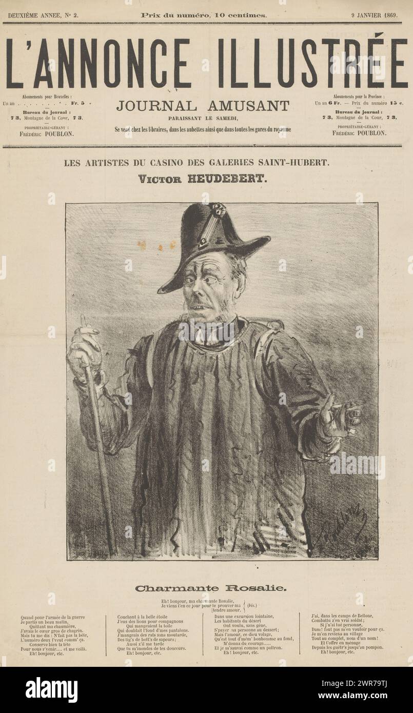 Schauspieler in der Rolle von Victor Heudebert, Victor Heudebert (Titel zu Objekt), Künstler des Casino Saint-Hubert (Titel der Serie), Les artistes du Casino des Galeries Saint Hubert (Titel zu Objekt), Comic-Charakter namens Victor Heudebert ., Druckerei: Frédéric Poublon, 1869, Papier, Buchdruck, Höhe 477 mm x Breite 310 mm, Druck Stockfoto