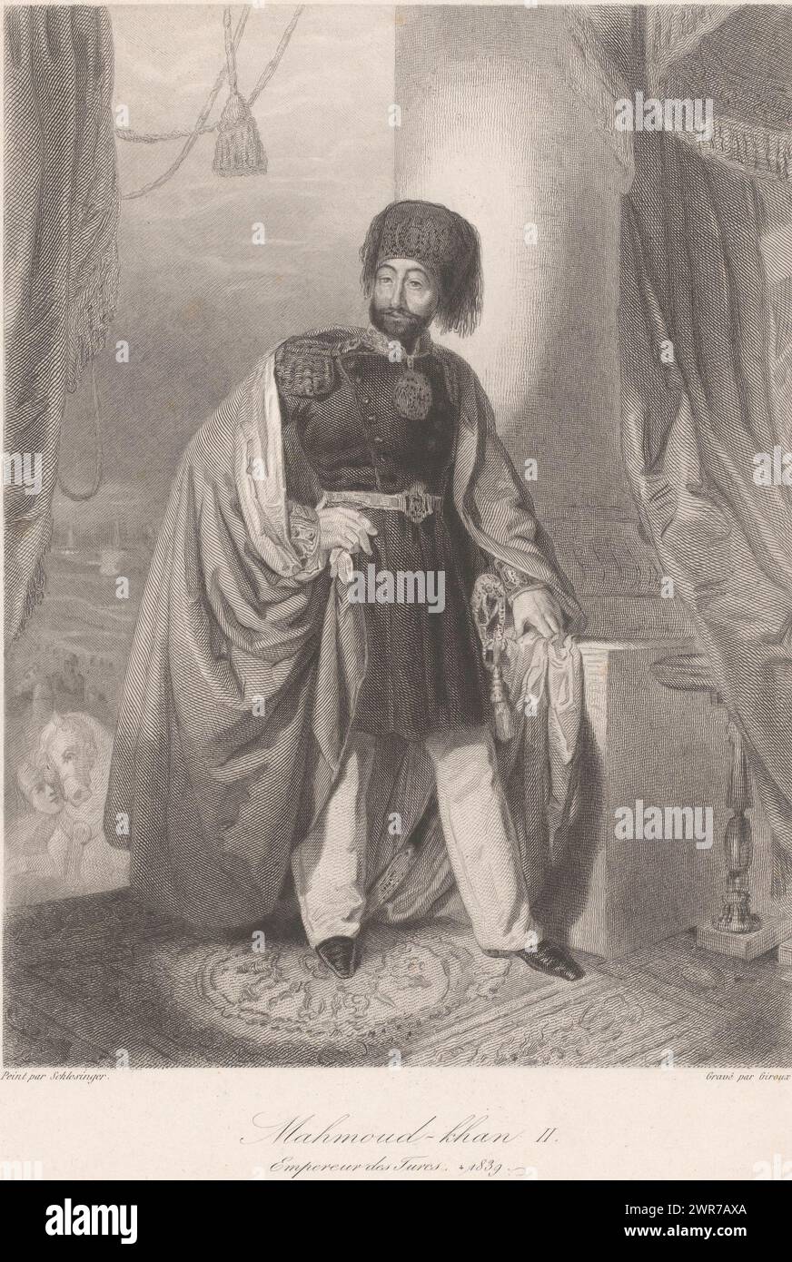 Porträt von Mahmud, Sultan des Osmanischen Reiches, Mahmud-Khan II. (Titel auf Objekt), Druckerei: Emile Giroux, nach Malerei von Henri Guillaume Schlesinger, nach Zeichnung von: Léopold Massard, 1838 - 1841, Papier, Radierung, Stich Höhe 304 mm x Breite 217 mm, bedruckt Stockfoto