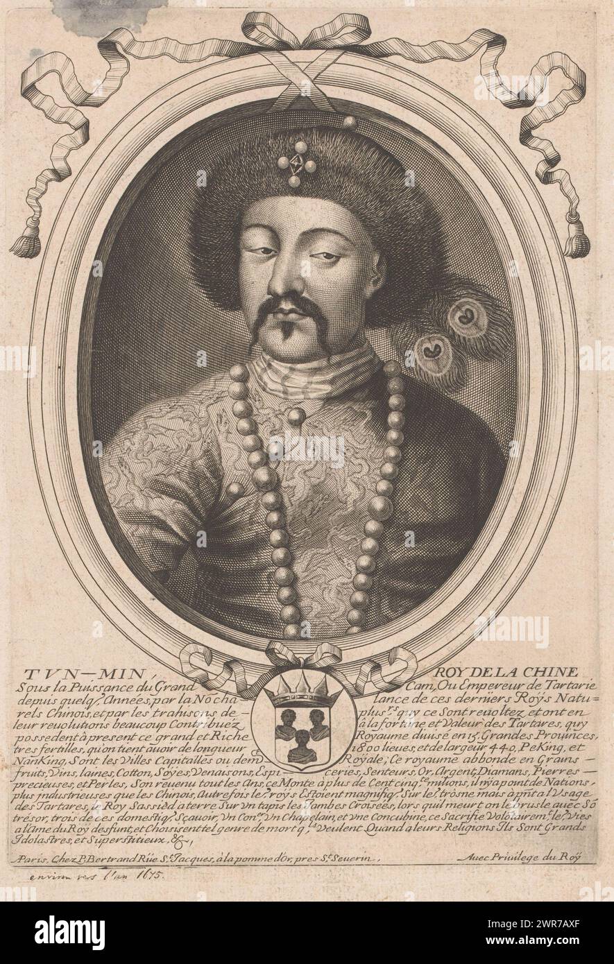 Porträt von tun-Min, tun-Min Roy de la Chine (Titel über Objekt), Porträt prominenter Figuren (Titel der Serie), Porträt eines chinesischen Kaisers., Druckerei: Nicolas de Larmessin (I), Verlag: Pierre Bertrand, Lodewijk XIV (koning van Frankrijk), Verlag: Paris, Frankreich, 1642 - 1678, Papier, Gravur, Ätzen, Höhe 233 mm x Breite 161 mm, Druck Stockfoto