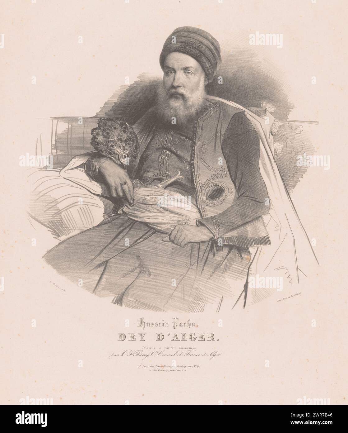 Porträt von Hussein Dey, Hussein Pacha, Dey d'Alger (Titel zum Objekt), Druckerei: Achille Devéria, nach Entwurf: M. Florent Thierry, Drucker: Antoine Catherine Adolphe Fonrouge, Druckerei: Paris, nach Entwurf: Algerije, Drucker: Paris, Verlag: Paris, 1830, Papier, Höhe 567 mm x Breite 422 mm, bedruckt Stockfoto