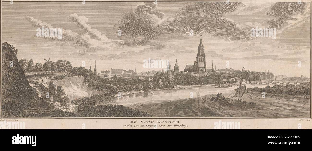Ansicht von Arnheim, 1739, die Stadt Arnheim, von den Höhen zum Eltenerberg gesehen (Titel auf Objekt), Druckerei: Jan Caspar Philips, nach Zeichnung von: Abraham de Haen (II), Verlag: Isaak Tirion, Druckerei: Amsterdam, nach Zeichnung von: Niederlande, Verlag: Amsterdam, 1741, Papier, Ätzen, Höhe 179 mm x Breite 431 mm, bedruckt Stockfoto