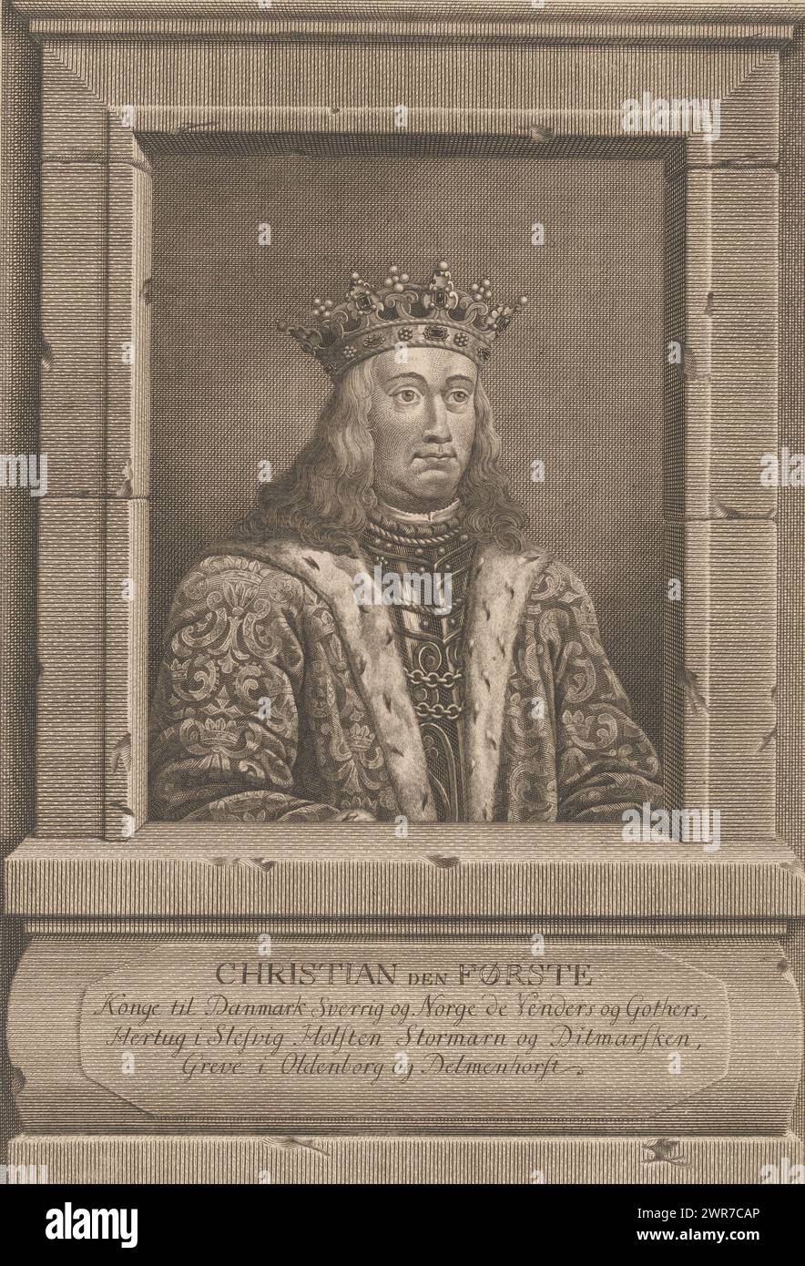 König Christian I. von Dänemark, Porträt von König Christian I. von Dänemark (1426-1481)., Druckerei: Odoard Helmont von Lode, 1757, Papier, Stich, Höhe 335 mm x Breite 235 mm, Druck Stockfoto
