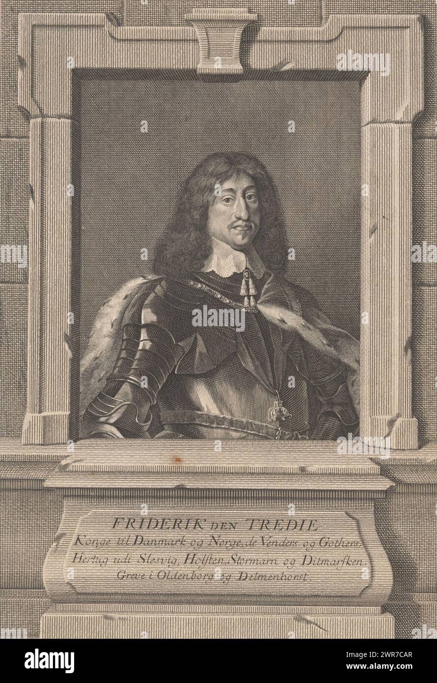 Friedrich III. Von Dänemark, Porträt von König Friedrich III. Von Dänemark (1609–1670). Nach dem Gemälde von Karel van Mander III von 1656., Druckerei: Odoard Helmont von Lode, nach dem Gemälde von: Karel van Mander (III), Dänemark, 1756, Papier, Kupferstich, Höhe 339 mm x Breite 232 mm, bedruckt Stockfoto