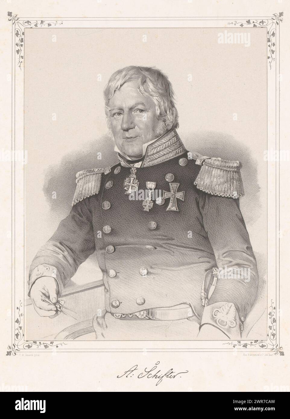 Porträt von Andreas Schifter, Druckerei: Emilius Ditlev Baerentzen, Drucker: EM. Baerentzen & Co., nach Malerei von Christian Albrecht Jensen, Kopenhagen (Stadt), 1846, Papier, Höhe 358 mm x Breite 272 mm, Höhe 229 mm x Breite 177 mm, Druck Stockfoto