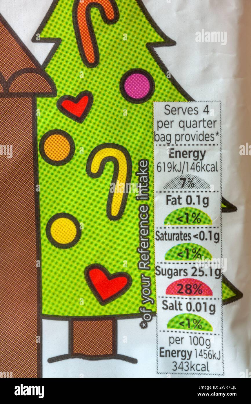Nährwertangaben Ampelsystem Kennzeichnung farbcodierte Etiketteninformationen auf einem Beutel mit Marks & Spencer Merry percymen percy Pig Bonbons Stockfoto